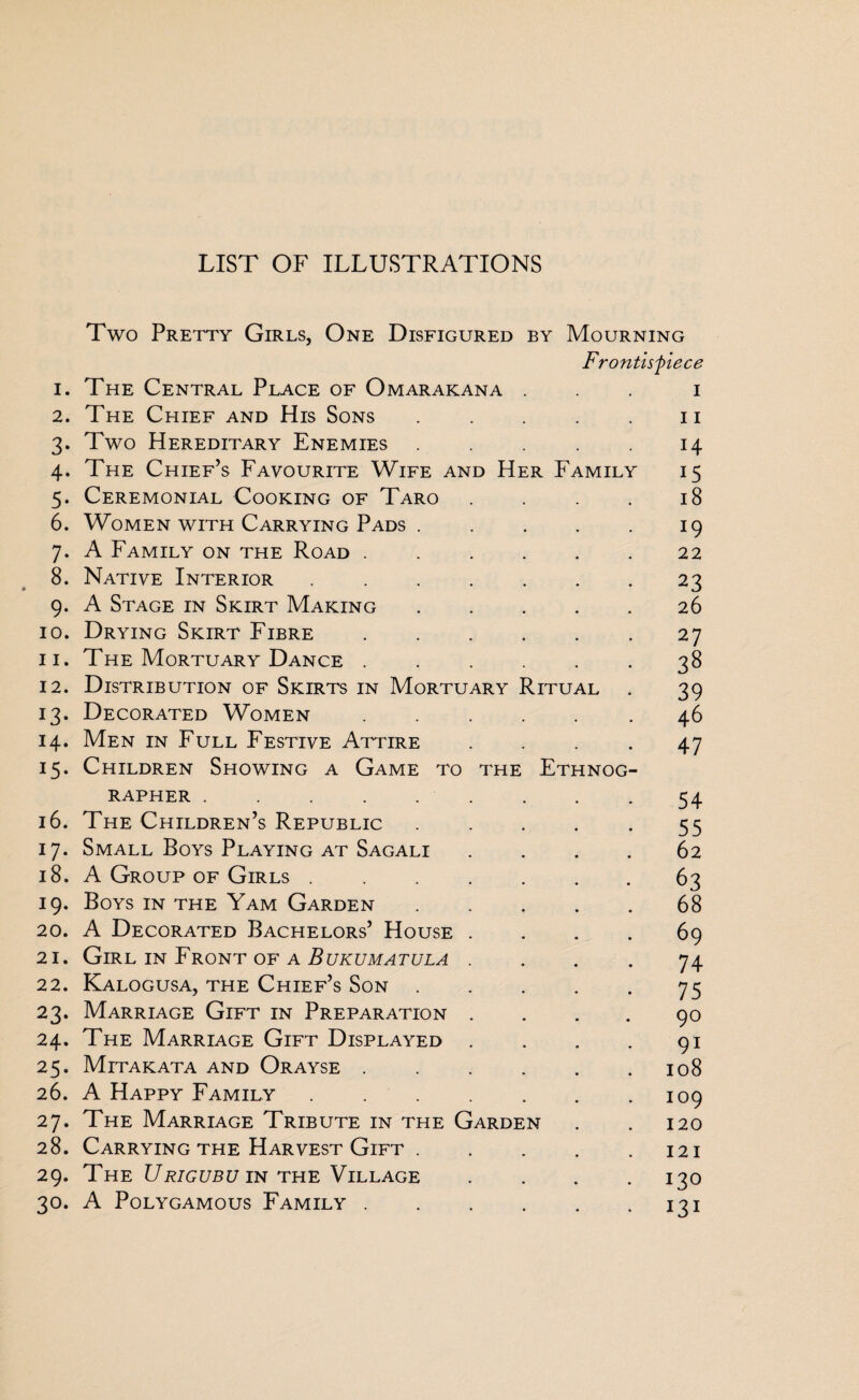 Two Pretty Girls, One Disfigured by Mourning Frontispiece 1. The Central Place of Omarakana ... i 2. The Chief and His Sons.n 3. Two Hereditary Enemies.14 4. The Chief’s Favourite Wife and Her Family 15 5. Ceremonial Cooking of Taro . . . . 18 6. Women with Carrying Pads.19 7. A Family on the Road ...... 22 8. Native Interior.23 9. A Stage in Skirt Making.26 10. Drying Skirt Fibre.27 11. The Mortuary Dance.38 12. Distribution of Skirts in Mortuary Ritual . 39 13. Decorated Women ..... .46 14. Men in Full Festive Attire . . .47 15. Children Showing a Game to the Ethnog¬ rapher .54 16. The Children’s Republic.55 17. Small Boys Playing at Sagali .... 62 18. A Group of Girls.63 19. Boys in the Yam Garden.68 20. A Decorated Bachelors’ House .... 69 21. Girl in Front of a Bukumatula .... 74 22. Kalogusa, the Chief’s Son.75 23. Marriage Gift in Preparation .... 90 24. The Marriage Gift Displayed . . . . 91 25. Mitakata and Orayse.108 26. A Happy Family.109 27. The Marriage Tribute in the Garden . .120 28. Carrying the Harvest Gift.121 29. The Urigubu in the Village .... 130 30. A Polygamous Family.131