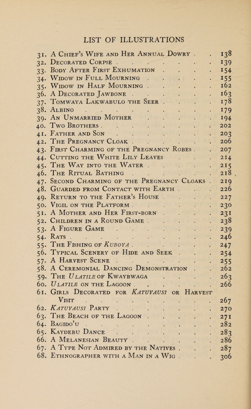 31. A Chief’s Wife and Her Annual Dowry . .138 32. Decorated Corpse.139 33. Body After First Exhumation . . . .154 34. Widow in Full Mourning.155 35. Widow in Half Mourning.162 36. A Decorated Jawbone.163 37. Tomwaya Lakwabulo the Seer . . . .178 38. Albino.179 39. An Unmarried Mother . . . . .194 40. Two Brothers ........ 202 41. Father and Son ....... 203 42. The Pregnancy Cloak.206 43. First Charming of the Pregnancy Robes . . 207 44. Cutting the White Lily Leaves . . .214 45. The Way into the Water.215 46. The Ritual Bathing.218 , 47. Second Charming of the Pregnancy Cloaks . 219 48. Guarded from Contact with Earth . . . 226 49. Return to the Father’s House . . . .227 50. Vigil on the Platform.230 51. A Mother and Her First-born . . . .231 52. Children in a Round Game.238 53. A Figure Game.239 54. Rats.246 55. The Fishing of Kuboya., 247 56. Typical Scenery of Hide and Seek . . . 254 57. A Harvest Scene.255 58. A Ceremonial Dancing Demonstration . . 262 59. The Ulatile of Kwaybwaga .... 263 60. ULATILE ON THE LaGOON ...... 266 61. Girls Decorated for Katuyausi or Harvest Visit.267 62. Katuyausi Party.270 63. The Beach of the Lagoon.271 64. Bagido’u.282 65. Kaydebu Dance.283 66. A Melanesian Beauty.286 67. A Type Not Admired by the Natives . . . 287 68. Ethnographer with a Man in a Wig . . . 306