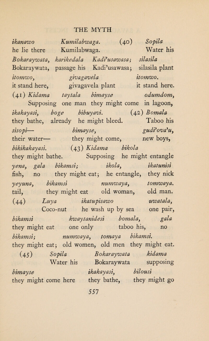 Sopila Water his silasila silasila plant itomwo. it stand here. odumdomy ikanawo Kumilabwaga. (4°) he lie there Kumilabwaga. Bokaraywata, karikedala Kadi* us aw as a; Bokaraywata, passage his Kadi’usawasa; itomwoy givagavela it stand here, givagavela plant (41) Kidama taytala bimayse Supposing one man they might come in lagoon, ikakayasiy boge bibuyavi. (42) Bomala they bathe, already he might bleed. Taboo his sisopi— bimaysey gudiyovaJuy their water— they might come, new boys, bikikakayasi. (43) Kidama bikola they might bathe. Supposing he might entangle yenay gala bikamsi; ikolay ikatunisi fish, no they might eat} he entangle, they nick yeyunay bikamsi numwayay tail, they might eat old woman, (44) Luya ikatupisawo Coco-nut he wash up by sea kwaytanidesi bomalay tomwaya. old man. uwatalay one pair, bikamsi kwaytanidesi bomalay gala they might eat one only taboo his, no bikamsi; numwayay tomaya bikamsi. they might eat} old women, old men they might eat. (45) Sopila Bokaraywata kidama Water his Bokaraywata supposing bimay se ikakayasiy bilousi they might come here they bathe, they might go