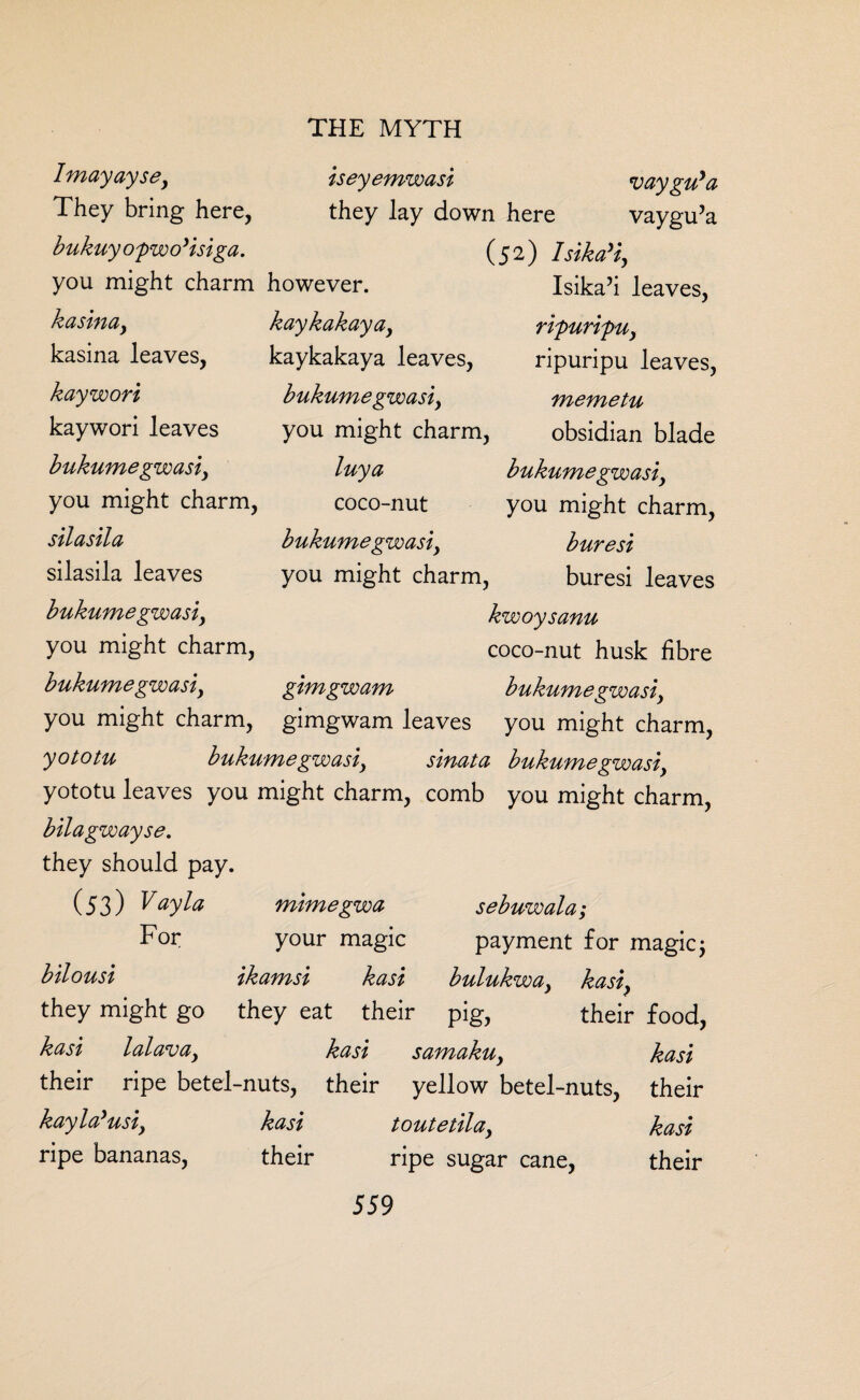 Imayayse, They bring here, bukuyopwo'isiga. you might charm however. iseyemwasi vaygu’a they lay down here vaygu’a (52) Isika’i, kasinay kasina leaves, kaywori kaywori leaves bukumegwasiy you might charm, silasila silasila leaves bukumegwasiy you might charm, bukumegwasiy you might charm, kaykakayay kaykakaya leaves, bukumegwasiy you might charm, luya coco-nut bukumegwasiy you might charm, Isika’i leaves, ripuripUy ripuripu leaves, memetu obsidian blade bukumegwasiy you might charm, buresi buresi leaves kwoysanu coco-nut husk fibre gimgwam bukumegwasiy gimgwam leaves you might charm, yototu bukumegwasiy sinata bukumegwasiy yototu leaves you might charm, comb you might charm, bilagwayse. they should pay. (53) ^ ay la mimegwa sebuwala; For your magic payment for magic 5 bilousi ikamsi kasi bulukway kasi} they eat their pig, their food, kasi samakuy kasi their ripe betel-nuts, their yellow betel-nuts, their kaylabusiy kasi toutetilay kasi ripe bananas, their ripe sugar cane, their 559 they might go kasi lalavay