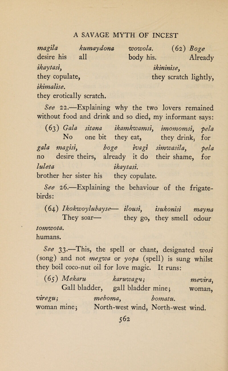 magila kumaydona desire his all ikay tasty they copulate, ikimaiise. they erotically scratch. wowola. (62) Boge body his. Already ikininisey they scratch lightly, See 22.—Explaining why the two lovers remained without food and drink and so died, my informant says: (63) Gala sit ana ikamkwamsiy imomomsiy pela No one bit they eat, they drink5 for gala magisiy boge ivagi simwasilay pel a no desire theirs, already it do their shame, for luleta ikaytasi. brother her sister his they copulate. See 26.—Explaining the behaviour of the frigate- birds : (64) Ikokwoylubayse— ilousiy isukonisi mayna They soar— they go, they smell odour tomwota. humans. See 33.—This, the spell or chant, designated wo si (song) and not megwa or yopa (spell) is sung whilst they boil coco-nut oil for love magic. It runs: (65) Mekaru karuwagu; meviray Gall bladder, gall bladder mine; woman, viregu; uiebomay bomatu. woman mine; North-west wind, North-west wind.