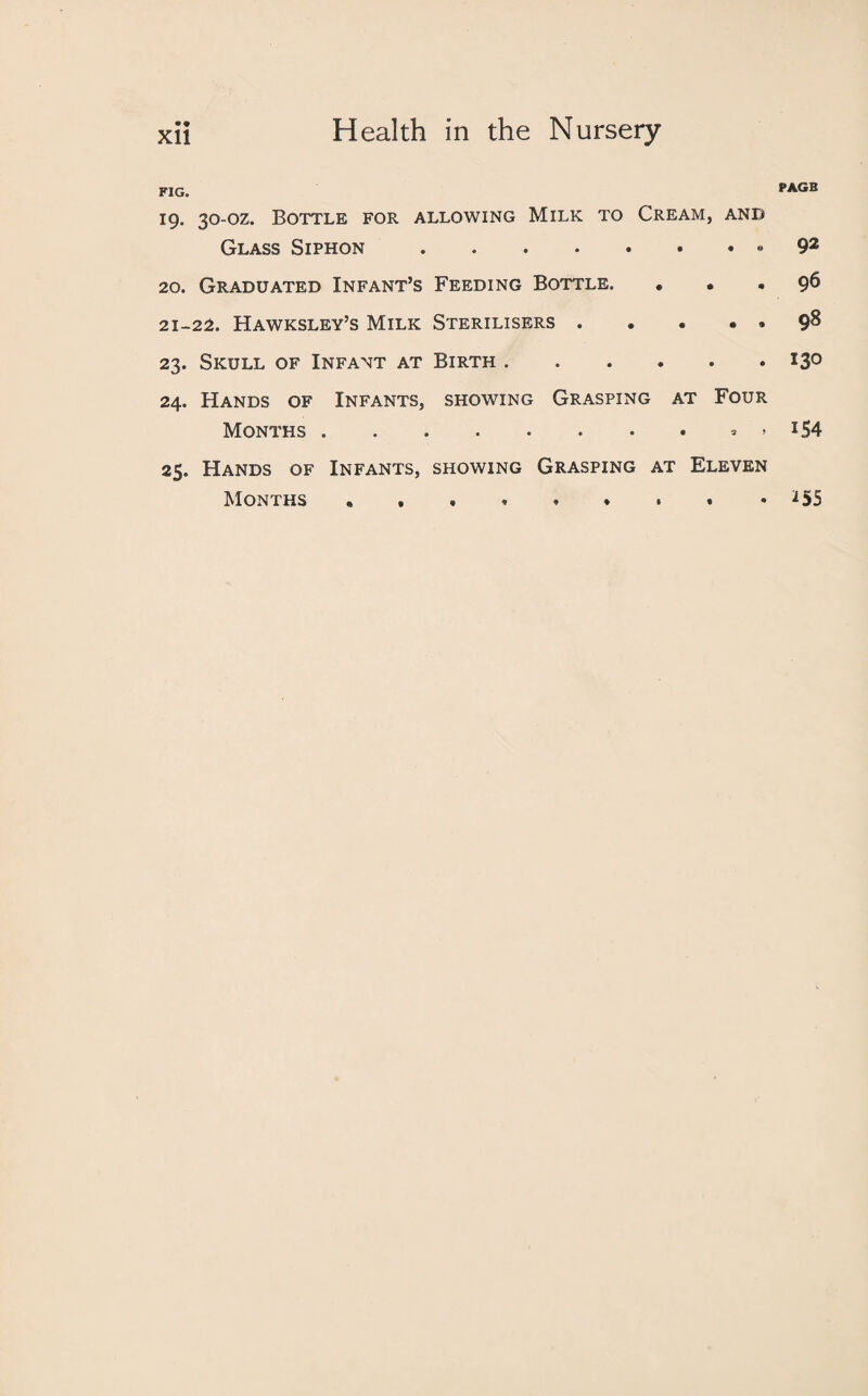 FIG. 19. 30-oz. Bottle for allowing Milk to Cream, and Glass Siphon.* 20. Graduated Infant’s Feeding Bottle. . . 21-22. Hawksley’s Milk Sterilisers . • . • • 23. Skull of Infant at Birth. 24. Hands of Infants, showing Grasping at Four Months.. > 25. Hands of Infants, showing Grasping at Eleven Months PAGB 92 96 98 130 154 *55