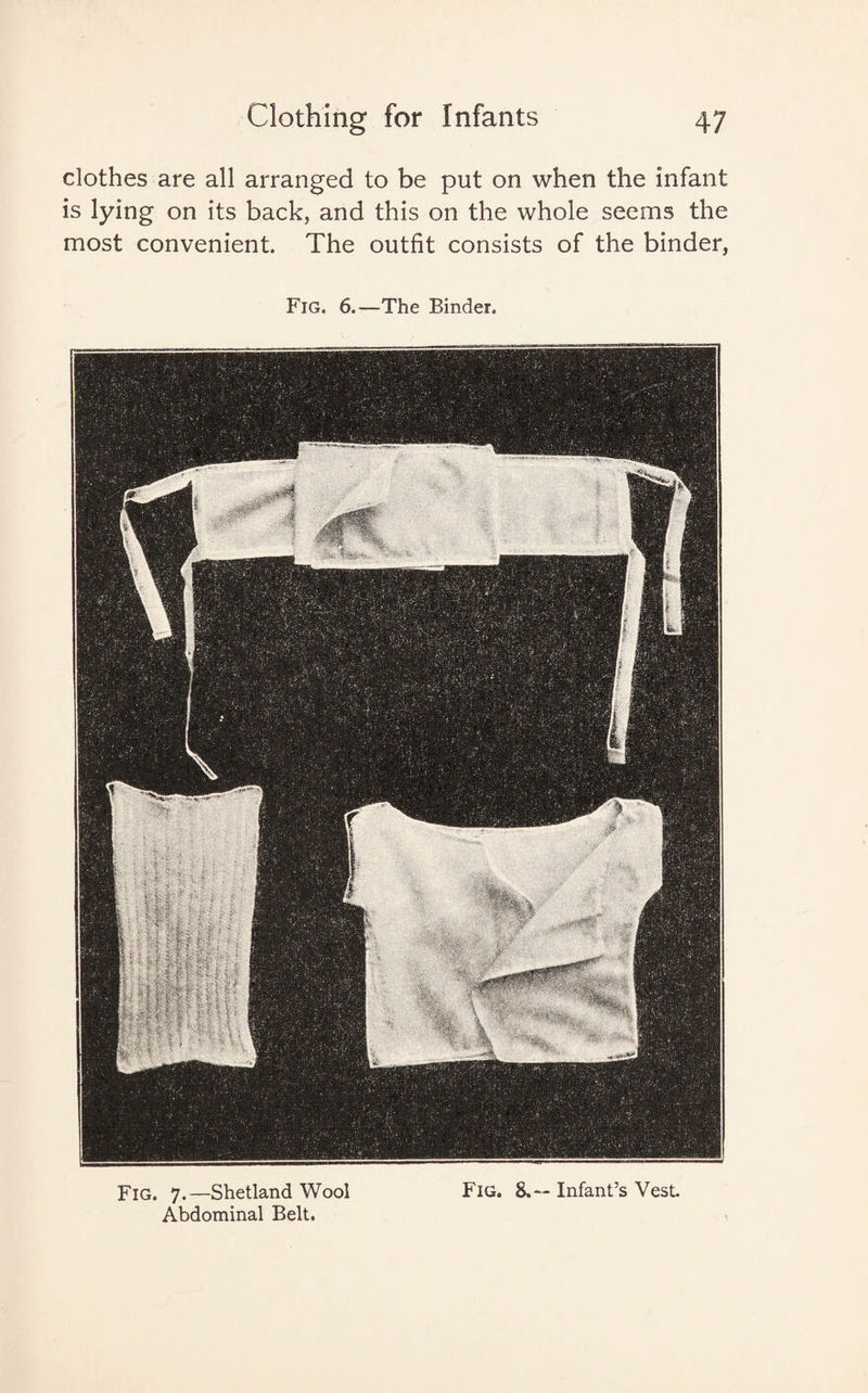 clothes are all arranged to be put on when the infant is lying on its back, and this on the whole seems the most convenient. The outfit consists of the binder, Fig. 6.—The Binder. Fig. 7.—Shetland Wool Fig. 8.— Infant’s Vest. Abdominal Belt.