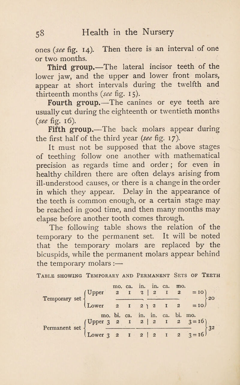 ones (see fig. 14). Then there is an interval of one or two months. Third group.—The lateral incisor teeth of the lower jaw, and the upper and lower front molars, appear at short intervals during the twelfth and thirteenth months (see fig. 15)- Fourth group.—The canines or eye teeth are usually cut during the eighteenth or twentieth months (see fig. 16). Fifth group.—The back molars appear during the first half of the third year (see fig. 17). It must not be supposed that the above stages of teething follow one another with mathematical precision as regards time and order; for even in healthy children there are often delays arising from ill-understood causes, or there is a change in the order in which they appear. Delay in the appearance of the teeth is common enough, or a certain stage may be reached in good time, and then many months may elapse before another tooth comes through. The following table shows the relation of the temporary to the permanent set. It will be noted that the temporary molars are replaced by the bicuspids, while the permanent molars appear behind the temporary molars :— Table showing Temporary and Permanent Sets of Teeth mo. ca. in. in. ca. 2 1 2 I 2 1 mo. 2 Lower 2 1 2 ] 2 1 2 =10 mo. bi. ca. in. in. ca. bi. mo. Upper 32 I 2 | 2 1 2 3=16 Permanent set - Lower 32 1 2 | 2 2
