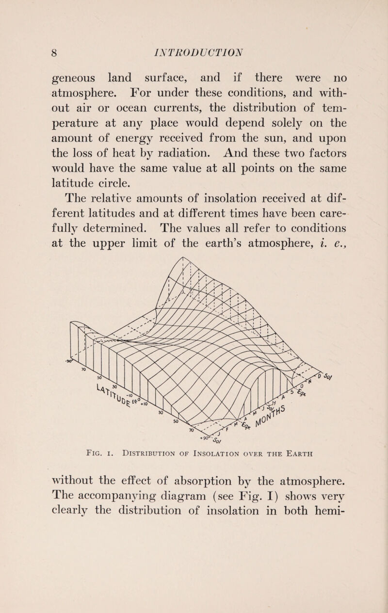 geneous land surface, and if there were no atmosphere. For under these conditions, and with¬ out air or ocean currents, the distribution of tem¬ perature at any place would depend solely on the amount of energy received from the sun, and upon the loss of heat by radiation. And these two factors would have the same value at all points on the same latitude circle. The relative amounts of insolation received at dif¬ ferent latitudes and at different times have been care¬ fully determined. The values all refer to conditions at the upper limit of the earth’s atmosphere, i. e., Fig. i. Distribution of Insolation over the Earth without the effect of absorption by the atmosphere. The accompanying diagram (see Fig. I) shows very clearly the distribution of insolation in both hemi-