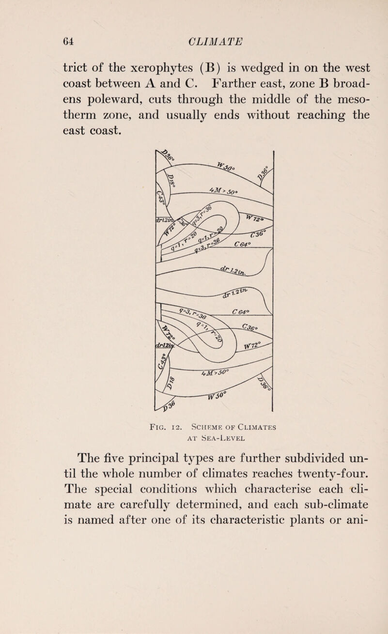 trict of the xerophytes (B) is wedged in on the west coast between A and C. Farther east, zone B broad¬ ens poleward, cuts through the middle of the meso- therm zone, and usually ends without reaching the east coast. Fig. 12. Scheme of Climates at Sea-Level The five principal types are further subdivided un¬ til the whole number of climates reaches twenty-four. The special conditions which characterise each cli¬ mate are carefully determined, and each sub-climate is named after one of its characteristic plants or ani-