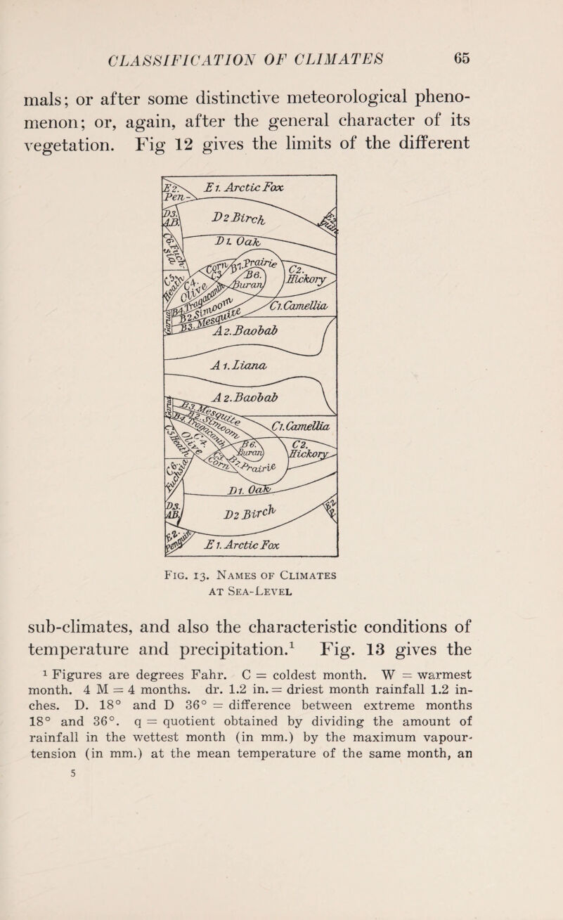 mals; or after some distinctive meteorological pheno¬ menon; or, again, after the general character of its vegetation. Fig 12 gives the limits of the different A;i. liana Fig. 13. Names of Climates at Sea-Level sub-climates, and also the characteristic conditions of temperature and precipitation.1 Fig. 13 gives the 1 Figures are degrees Fahr. C = coldest month. W = warmest month. 4 M = 4 months, dr. 1.2 in. = driest month rainfall 1.2 in¬ ches. D. 18° and D 36° = difference between extreme months 18° and 36°. q = quotient obtained by dividing the amount of rainfall in the wettest month (in mm.) by the maximum vapour- tension (in mm.) at the mean temperature of the same month, an 5