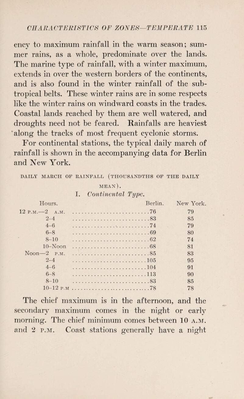 ency to maximum rainfall in the warm season; sum¬ mer rains, as a whole, predominate over the lands. The marine type of rainfall, with a winter maximum, extends in over the western borders of the continents, and is also found in the winter rainfall of the sub¬ tropical belts. These winter rains are in some respects like the winter rains on windward coasts in the trades. Coastal lands reached by them are well watered, and droughts need not be feared. Rainfalls are heaviest along the tracks of most frequent cyclonic storms. For continental stations, the typical daily march of rainfall is shown in the accompanying data for Berlin and New York. DAILY MARCH OF RAINFALL (THOUSANDTHS OF THE DAILY MEAN) . I. Continental Type. Hours. Berlin. New York. 12 P.M.-2 A.M. .76 79 2-4 . .83 85 4-6 . .74 79 6-8 . .69 80 8-10 . .62 74 10-Noon . .68 81 Noon—2 p.m. .85 83 2-4 . . . . . .105 95 4-6 . .104 91 6-8 . .113 90 8-10 . .83 85 10-12 p.m. .78 78 The chief maximum is in the afternoon, and the secondary maximum comes in the night or early morning. The chief minimum comes between 10 a.m. and 2 p.m. Coast stations generally have a night