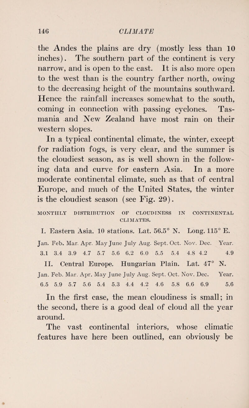 the Andes the plains are dry (mostly less than 10 inches). The southern part of the continent is very narrow, and is open to the east. It is also more open to the west than is the country farther north, owing to the decreasing height of the mountains southward. Hence the rainfall increases somewhat to the south, coming in connection with passing cyclones. Tas¬ mania and New Zealand have most rain on their western slopes. In a typical continental climate, the winter, except for radiation fogs, is very clear, and the summer is the cloudiest season, as is well shown in the follow¬ ing data and curve for eastern Asia. In a more moderate continental climate, such as that of central Europe, and much of the United States, the winter is the cloudiest season (see Fig. 29). MONTHLY DISTRIBUTION OP CLOUDINESS IN CONTINENTAL CLIMATES. I. Eastern Asia. 10 stations. Lat. 56.5° N. Long. 115° E. Jan. Feb. Mar. Apr. May June July Aug. Sept. Oct. Nov. Dec. Year. 3.1 3.4 3.9 4.7 5.7 5.6 6.2 6.0 5.5 5.4 4.8 4.2 4.9 II. Central Europe. Hungarian Plain. Lat. 47° N. Jan. Feb. Mar. Apr. May June July Aug. Sept. Oct. Nov. Dec. Year. 6.5 5.9 5.7 5.6 5.4 5.3 4.4 4.2 4.6 5.8 6.6 6.9 5.6 In the first case, the mean cloudiness is small; in the second, there is a good deal of cloud all the year around. The vast continental interiors, whose climatic features have here been outlined, can obviously be