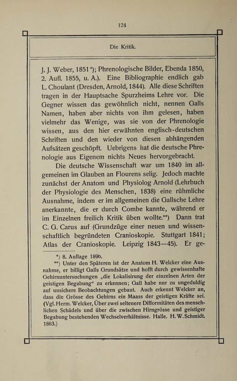 n □ Die Kritik. J. J. Weber, 1851 *); Phrenologische Bilder, Ebenda 1850, 2. Aufl. 1855, u. A.). Eine Bibliographie endlich gab L. Choulant (Dresden, Arnold, 1844). Alle diese Schriften tragen in der Hauptsache Spurzheims Lehre vor. Die Gegner wissen das gewöhnlich nicht, nennen Galls Namen, haben aber nichts von ihm gelesen, haben vielmehr das Wenige, was sie von der Phrenologie wissen, aus den hier erwähnten englisch-deutschen Schriften und den wieder von diesen abhängenden Aufsätzen geschöpft. Uebrigens hat die deutsche Phre¬ nologie aus Eigenem nichts Neues hervorgebracht. Die deutsche Wissenschaft war um 1840 im all¬ gemeinen im Glauben an Flourens selig. Jedoch machte zunächst der Anatom und Physiolog Arnold (Lehrbuch der Physiologie des Menschen, 1838) eine rühmliche Ausnahme, indem er im allgemeinen die Gallsche Lehre anerkannte, die er durch Combe kannte, während er im Einzelnen freilich Kritik üben wollte.**) Dann trat C. G. Carus auf (Grundzüge einer neuen und wissen¬ schaftlich begründeten Cranioskopie. Stuttgart 1841; Atlas der Cranioskopie. Leipzig 1843—45). Er ge- *) 8. Auflage 1896. **) Unter den Späteren ist der Anatom H. Welcker eine Aus¬ nahme, er billigt Galls Grundsätze und hofft durch gewissenhafte Gehirnuntersuchungen „die Lokalisirung der einzelnen Arten der geistigen Begabung“ zu erkennen; Gail habe nur zu ungeduldig auf unsichere Beobachtungen gebaut. Auch erkennt Welcker an, dass die Grösse des Gehirns ein Maass der geistigen Kräfte sei. (Vgl. Herrn. Welcker, Über zwei seltenere Difformitäten des mensch¬ lichen Schädels und über die zwischen Hirngrösse und geistiger Begabung bestehenden Wechselverhältnisse. Halle. H.W. Schmidt. 1863.) d h