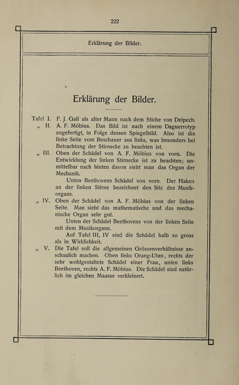 Erklärung der Bilder. t Erklärung der Bilder. Tafel I. F. J. Gail als alter Mann nach dem Stiche von Delpech. „ II. A. F. Möbius. Das Bild ist nach einem Daguerrotyp angefertigt, in Folge dessen Spiegelbild. Also ist die linke Seite vom Beschauer aus links, was besonders bei Betrachtung der Stirnecke zu beachten ist. „ III. Oben der Schädel von A. F. Möbius von vorn. Die Entwicklung der linken Stirnecke ist zu beachten; un¬ mittelbar nach hinten davon sieht man das Organ der Mechanik. Unten Beethovens Schädel von vorn. Der Haken an der linken Stirne bezeichnet den Sitz des Musik¬ organs. „ IV. Oben der Schädel von A. F. Möbius von der linken Seite. Man sieht das mathematische und das mecha¬ nische Organ sehr gut. Unten der Schädel Beethovens von der linken Seite mit dem Musikorgane. Auf Tafel III, IV sind die Schädel halb so gross als in Wirklichkeit. „ V. Die Tafel soll die allgemeinen Grössenverhältnisse an¬ schaulich machen. Oben links Orang-Utan, rechts der sehr wohlgestaltete Schädel einer Frau, unten links Beethoven, rechts A. F. Möbius. Die Schädel sind natür¬ lich im gleichen Maasse verkleinert.