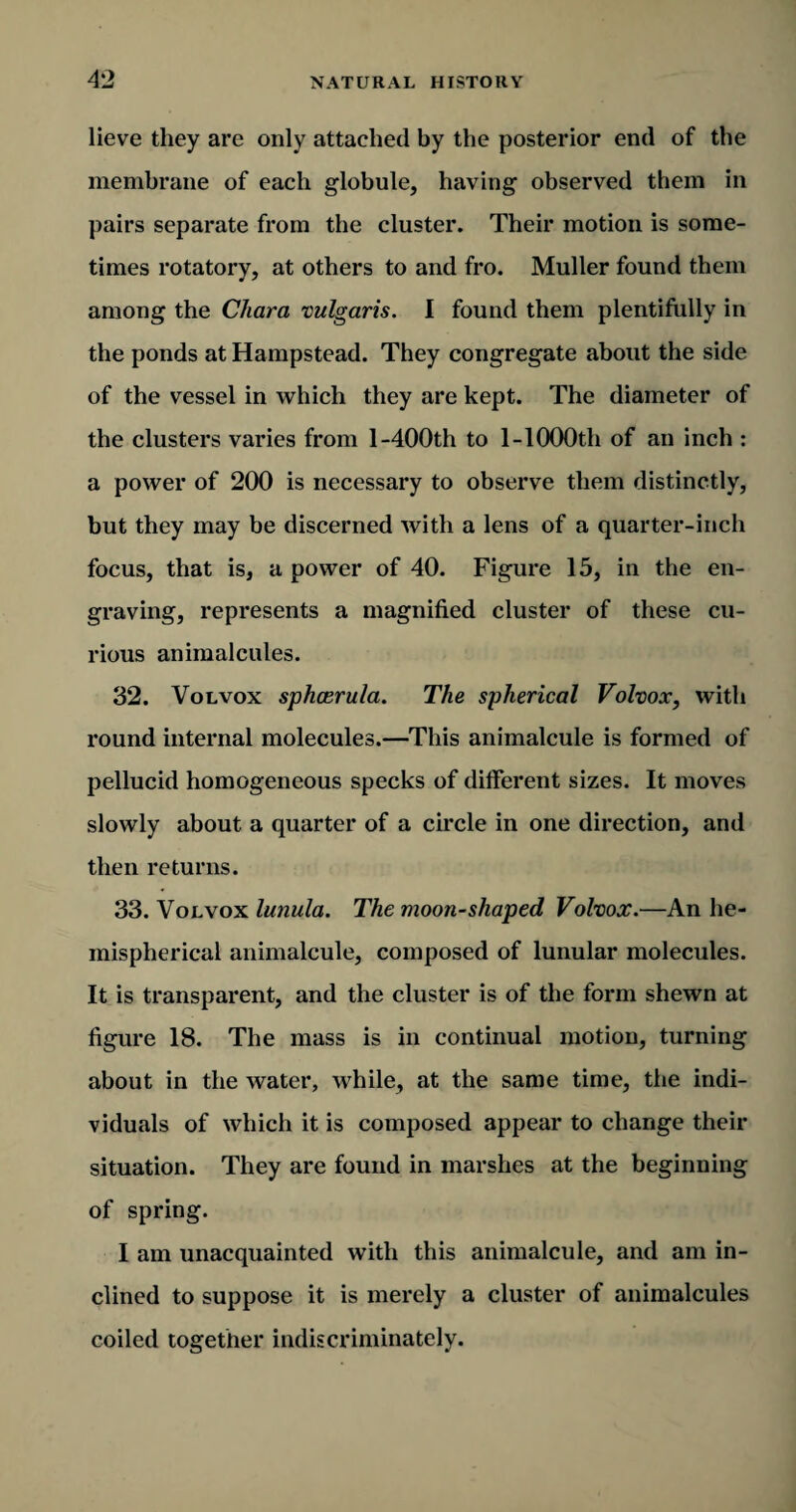 lieve they are only attached by the posterior end of the membrane of each globule, having observed them in pairs separate from the cluster. Their motion is some¬ times rotatory, at others to and fro. Muller found them among the Chara vulgaris. I found them plentifully in the ponds at Hampstead. They congregate about the side of the vessel in which they are kept. The diameter of the clusters varies from 1-400th to 1-1000th of an inch : a power of 200 is necessary to observe them distinctly, but they may be discerned with a lens of a quarter-inch focus, that is, a power of 40. Figure 15, in the en¬ graving, represents a magnified cluster of these cu¬ rious animalcules. 32. Volvox sphcerula. The spherical Volvox, with round internal molecules.—This animalcule is formed of pellucid homogeneous specks of different sizes. It moves slowly about a quarter of a circle in one direction, and then returns. 33. Volvox lunula. The moon-shaped Volvox.—An he¬ mispherical animalcule, composed of lunular molecules. It is transparent, and the cluster is of the form shewn at figure 18. The mass is in continual motion, turning about in the water, while, at the same time, the indi¬ viduals of which it is composed appear to change their situation. They are found in marshes at the beginning of spring. I am unacquainted with this animalcule, and am in¬ clined to suppose it is merely a cluster of animalcules coiled together indiscriminately.