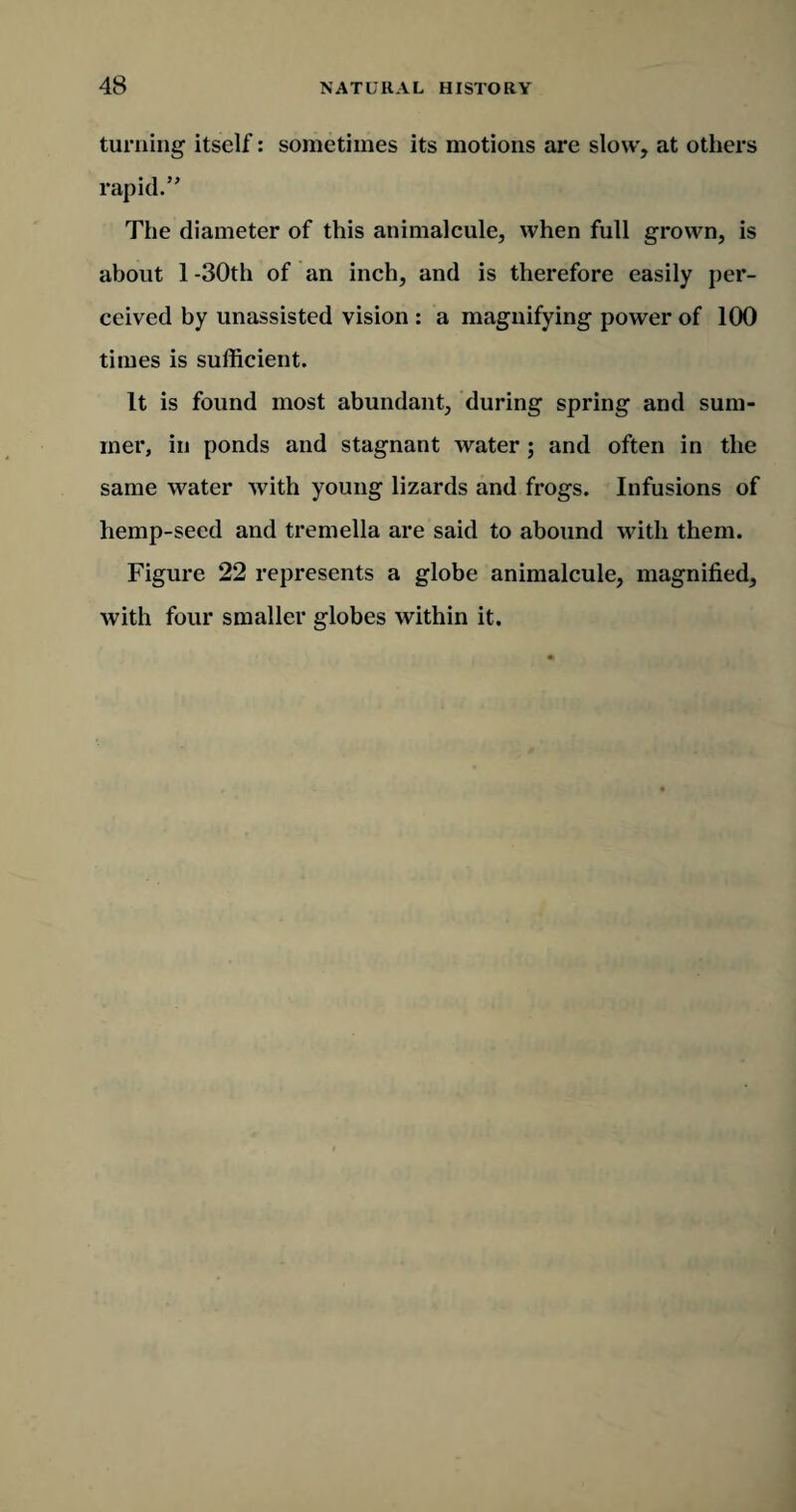 turning itself: sometimes its motions are slow, at others rapid.” The diameter of this animalcule, when full grown, is about 1 -30th of an inch, and is therefore easily per¬ ceived by unassisted vision : a magnifying power of 100 times is sufficient. It is found most abundant, during spring and sum¬ mer, in ponds and stagnant water ; and often in the same water with young lizards and frogs. Infusions of hemp-seed and tremella are said to abound with them. Figure 22 represents a globe animalcule, magnified, with four smaller globes within it.