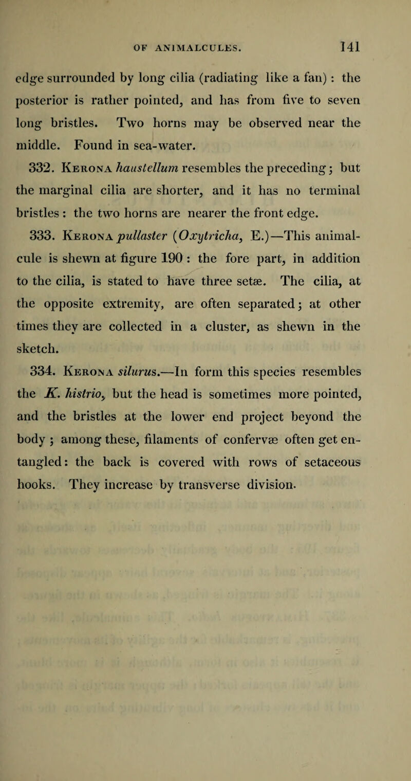 edge surrounded by long cilia (radiating like a fan) : the posterior is rather pointed, and has from five to seven long bristles. Two horns may be observed near the middle. Found in sea-water. 332. Kerona haustellum resembles the preceding; but the marginal cilia are shorter, and it has no terminal bristles : the two horns are nearer the front edge. 333. Kerona pullaster (Oxytricha, E.)—This animal¬ cule is shewn at figure 190 : the fore part, in addition to the cilia, is stated to have three setae. The cilia, at the opposite extremity, are often separated; at other times they are collected in a cluster, as shewn in the sketch. 334. Kerona silurus.—In form this species resembles the K. histriOy but the head is sometimes more pointed, and the bristles at the lower end project beyond the body ; among these, filaments of confervas often get en¬ tangled: the back is covered with rows of setaceous hooks. They increase by transverse division.