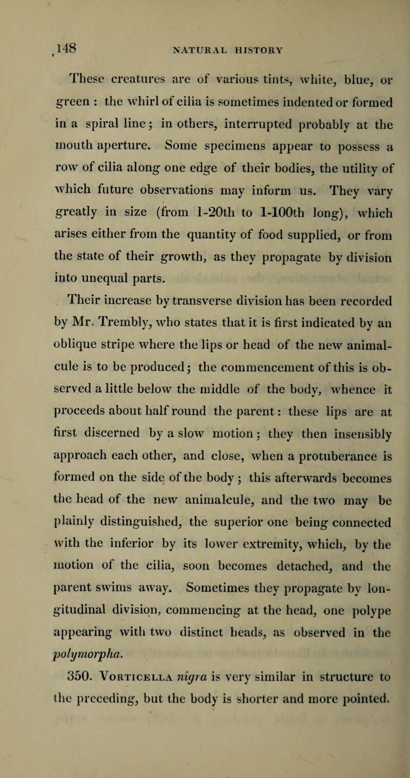 t These creatures are of various tints, white, blue, or green : the whirl of cilia is sometimes indented or formed in a spiral line; in others, interrupted probably at the mouth aperture. Some specimens appear to possess a row of cilia along one edge of their bodies, the utility of which future observations may inform us. They vary greatly in size (from l-20tli to l-100th long), which arises either from the quantity of food supplied, or from the state of their growth, as they propagate by division into unequal parts. Their increase by transverse division has been recorded by Mr. Trembly, who states that it is first indicated by an oblique stripe where the lips or head of the new animal¬ cule is to be produced; the commencement of this is ob¬ served a little below the middle of the body, whence it proceeds about half round the parent: these lips are at first discerned by a slow motion; they then insensibly approach each other, and close, when a protuberance is formed on the side of the body; this afterwards becomes the head of the new animalcule, and the two may be plainly distinguished, the superior one being connected with the inferior by its lower extremity, which, by the motion of the cilia, soon becomes detached, and the parent swims away. Sometimes they propagate by lon¬ gitudinal division, commencing at the head, one polype appearing with two distinct heads, as observed in the polymorpha. 350. Vorticella nigra is very similar in structure to the preceding, but the body is shorter and more pointed.