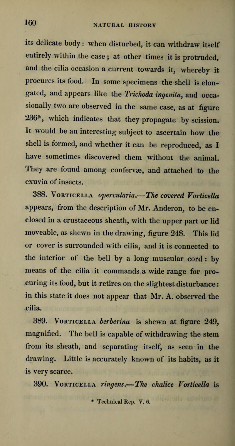 NATURAL HISTORY its delicate body: when disturbed, it can withdraw itself entirely within the case; at other times it is protruded, and the cilia occasion a current towards it, whereby it procures its food. In some specimens the shell is elon¬ gated, and appears like the Trichoda ingenita, and occa¬ sionally two are observed in the same case, as at figure 236*, which indicates that they propagate by scission. It would be an interesting subject to ascertain how the shell is formed, and wThether it can be reproduced, as I have sometimes discovered them without the animal. They are found among confervae, and attached to the exuvia of insects. 388. Vorticella opercularia.— The covered Vorticella appears, from the description of Mr. Anderon, to be en¬ closed in a crustaceous sheath, with the upper part or lid moveable, as shewn in the drawing, figure 248. This lid or cover is surrounded with cilia, and it is connected to the interior of the bell by a long muscular cord : by means of the cilia it commands a wide range for pro¬ curing its food, but it retires on the slightest disturbance: in this state it does not appear that Mr. A. observed the cilia. 389. Vorticella berberina is shewn at figure 249, magnified. The bell is capable of withdrawing the stem from its sheath, and separating itself, as seen in the drawing. Little is accurately known of its habits, as it is very scarce. 390. Vorticella ringens.— The chalice Vorticella is * Technical Rep. V. 6.