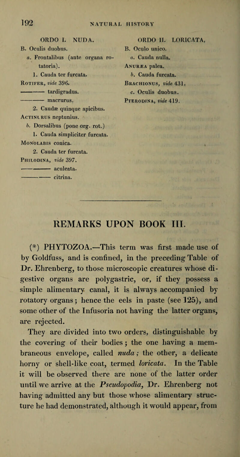 ORDO I. NUDA. B. Oculis duobus. a. Frontalibus (ante organa ro¬ tatoria). 1. Cauda ter furcata. Rotifer, vide 396. -tardigradus. -macrurus. 2. Caudae quinque apicibus. Actinlrus neptunius. b. Dorsalibus (pone org. rot.) 1. Cauda simpliciter furcata. Monolabis conica. 2. Cauda ter furcata. Phieodina, vide 397. •-aculeata. -citrina. ORDO II. LORICATA, B. Oculo unico. a. Cauda nulla. Anuriea palea. b. Cauda furcata. Brachionus, ride 431. c. Oculis duobus. Pterod/na, vide 419. REMARKS UPON BOOK III. (*) PHYTOZOA.—This term was first made use of by Goldfuss, and is confined, in the preceding Table of Dr. Ehrenberg, to those microscopic creatures whose di¬ gestive organs are polygastric, or, if they possess a simple alimentary canal, it is always accompanied by rotatory organs; hence the eels in paste (see 125), and some other of the Infusoria not having the latter organs, are rejected. They are divided into two orders, distinguishable by the covering of their bodies; the one having a mem¬ braneous envelope, called nuda; the other, a delicate horny or shell-like coat, termed loricata. In the Table it will be observed there are none of the latter order until we arrive at the Pseudopodia, Dr. Ehrenberg not having admitted any but those whose alimentary struc¬ ture he had demonstrated, although it would appear, from