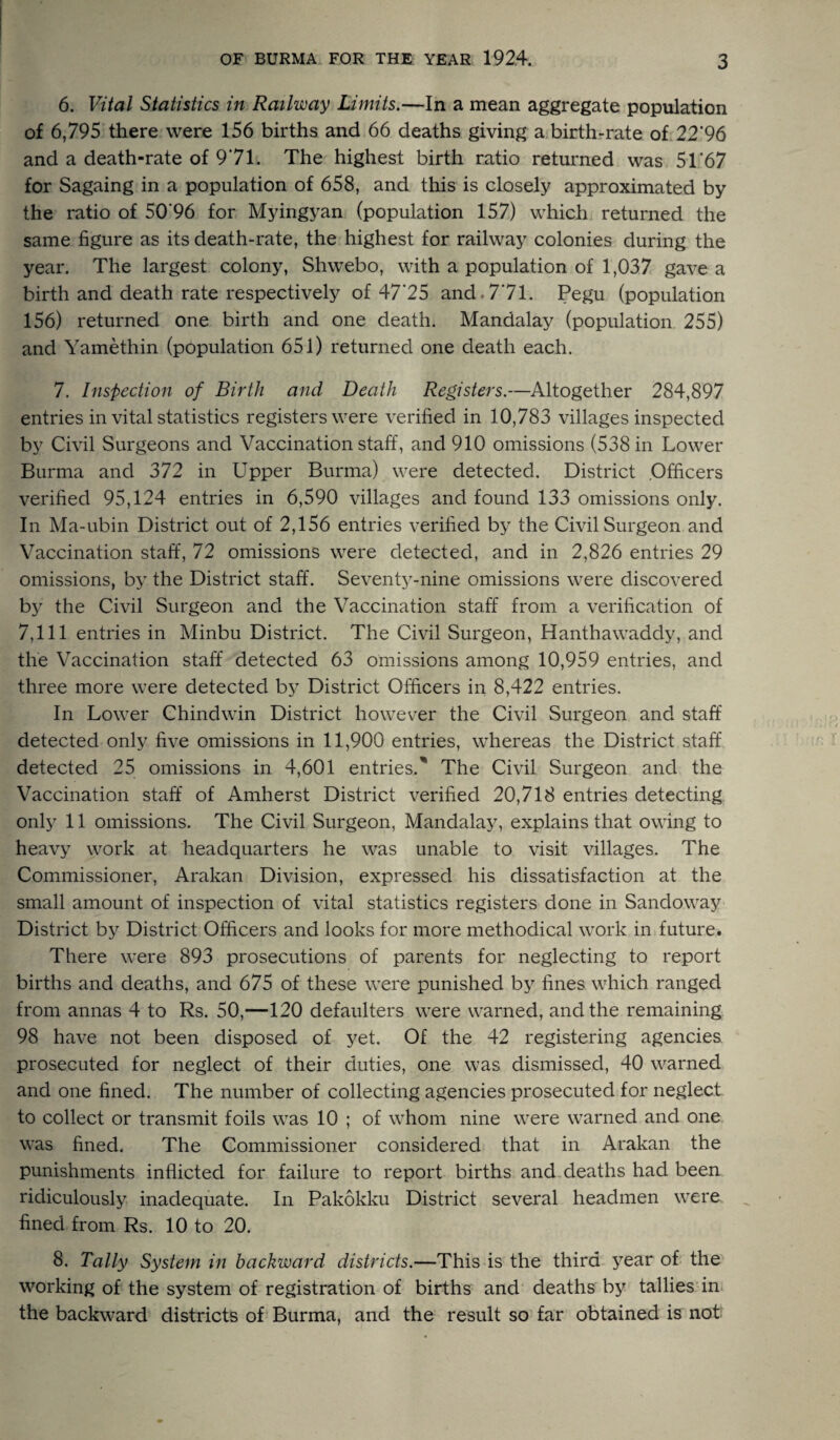 6. Vital Statistics in Railway Limits.—In a mean aggregate population of 6,795 there were 156 births and 66 deaths giving a birth-rate of 22'96 and a death-rate of 971. The highest birth ratio returned was 51'67 for Sagaing in a population of 658, and this is closely approximated by the ratio of 50'96 for Myingyan (population 157) which returned the same figure as its death-rate, the highest for railway colonies during the year. The largest colony, Shwebo, with a population of 1,037 gave a birth and death rate respectively of 47'25 and.771. Pegu (population 156) returned one birth and one death. Mandalay (population 255) and Yamethin (population 651) returned one death each. 7. Inspection of Birth and Death Registers.—Altogether 284,897 entries in vital statistics registers were verified in 10,783 villages inspected by Civil Surgeons and Vaccination staff, and 910 omissions (538 in Lower Burma and 372 in Upper Burma) were detected. District Officers verified 95,124 entries in 6,590 villages and found 133 omissions only. In Ma-ubin District out of 2,156 entries verified by the Civil Surgeon and Vaccination staff, 72 omissions were detected, and in 2,826 entries 29 omissions, by the District staff. Seventy-nine omissions were discovered by the Civil Surgeon and the Vaccination staff from a verification of 7,111 entries in Minbu District. The Civil Surgeon, Hanthawaddy, and the Vaccination staff detected 63 omissions among 10,959 entries, and three more were detected by District Officers in 8,422 entries. In Lower Chindwin District however the Civil Surgeon and staff detected only five omissions in 11,900 entries, whereas the District staff detected 25 omissions in 4,601 entries.* The Civil Surgeon and the Vaccination staff of Amherst District verified 20,718 entries detecting only 11 omissions. The Civil Surgeon, Mandalay, explains that owing to heavy work at headquarters he was unable to visit villages. The Commissioner, Arakan Division, expressed his dissatisfaction at the small amount of inspection of vital statistics registers done in Sandoway District by District Officers and looks for more methodical work in future. There were 893 prosecutions of parents for neglecting to report births and deaths, and 675 of these were punished by fines which ranged from annas 4 to Rs. 50,—120 defaulters were warned, and the remaining 98 have not been disposed of yet. Of the 42 registering agencies prosecuted for neglect of their duties, one was dismissed, 40 warned and one fined. The number of collecting agencies prosecuted for neglect to collect or transmit foils was 10 ; of whom nine were warned and one was fined. The Commissioner considered that in Arakan the punishments inflicted for failure to report births and deaths had been ridiculously inadequate. In Pakokku District several headmen were fined from Rs. 10 to 20. 8. Tally System in backward districts.—This is the third year of the working of the system of registration of births and deaths by tallies in the backward districts of Burma, and the result so far obtained is not