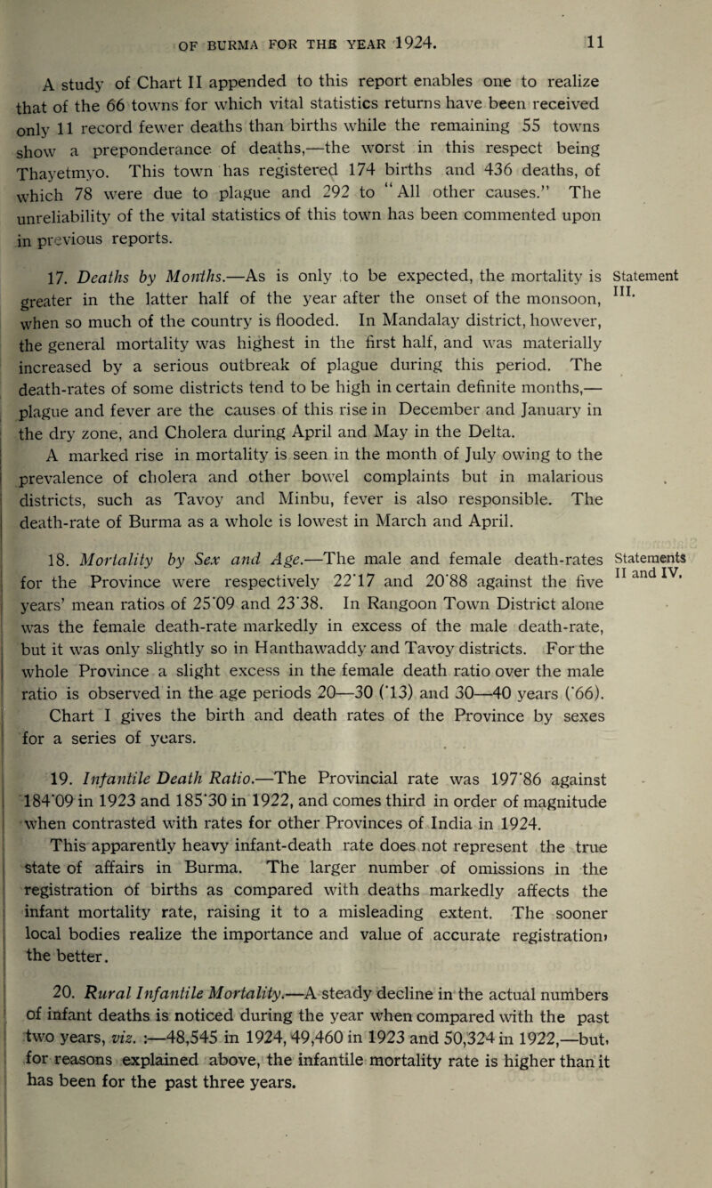 A study of Chart II appended to this report enables one to realize that of the 66 towns for which vital statistics returns have been received only 11 record fewer deaths than births while the remaining 55 towns show a preponderance of deaths,—the worst in this respect being Thayetmyo. This town has registered 174 births and 436 deaths, of which 78 were due to plague and 292 to “ All other causes.” The unreliability of the vital statistics of this town has been commented upon in previous reports. i I 17. Deaths by Months.—As is only to be expected, the mortality is Statement greater in the latter half of the year after the onset of the monsoon, n1, when so much of the country is flooded. In Mandalay district, however, the general mortality was highest in the first half, and was materially increased by a serious outbreak of plague during this period. The death-rates of some districts tend to be high in certain definite months,— plague and fever are the causes of this rise in December and January in the dry zone, and Cholera during April and May in the Delta. A marked rise in mortality is seen in the month of July owing to the prevalence of cholera and other bowel complaints but in malarious districts, such as Tavoy and Minbu, fever is also responsible. The death-rate of Burma as a whole is lowest in March and April. 18. Mortality by Sex and Age.—The male and female death-rates Statements for the Province were respectively 22T7 and 20‘88 against the five 11 and years’ mean ratios of 25*09 and 23'38. In Rangoon Town District alone was the female death-rate markedly in excess of the male death-rate, but it was only slightly so in Hanthawaddy and Tavoy districts. For the whole Province a slight excess in the female death ratio over the male ratio is observed in the age periods 20—30 (T3) and 30—40 years (’66). Chart I gives the birth and death rates of the Province by sexes for a series of years. 19. Infantile Death Ratio.—The Provincial rate was 197'86 against 184*09 in 1923 and 185*30 in 1922, and comes third in order of magnitude when contrasted with rates for other Provinces of India in 1924. This apparently heavy infant-death rate does not represent the true state of affairs in Burma. The larger number of omissions in the registration of births as compared with deaths markedly affects the infant mortality rate, raising it to a misleading extent. The sooner local bodies realize the importance and value of accurate registration! the better. 20. Rural Infantile Mortality.—A steady decline in the actual numbers of infant deaths is noticed during the year when compared with the past two years, viz. 48,545 in 1924,49,460 in 1923 and 50,324 in 1922,—but, for reasons explained above, the infantile mortality rate is higher than it has been for the past three years.