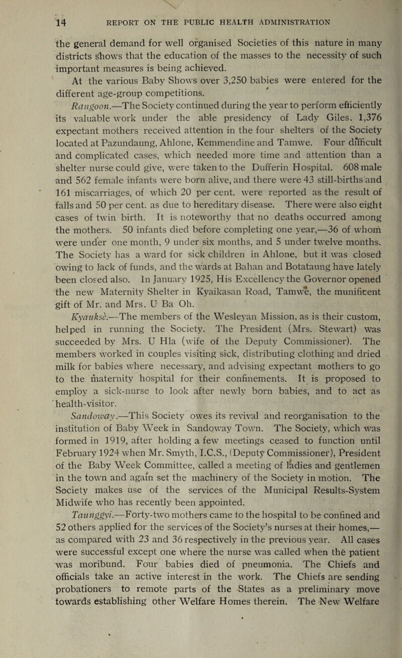 the general demand for well organised Societies of this nature in many districts shows that the education of the masses to the necessity of such important measures is being achieved. At the various Baby Shows over 3,250 babies were entered for the different age-group competitions. Rangoon.—The Society continued during the year to perform efficiently its valuable work under the able presidency of Lady Giles. 1,376 expectant mothers received attention in the four shelters of the Society located at Pazundaung, Ahlone, Kemmendine and Tamwe. Four difficult and complicated cases, which needed more time and attention than a shelter nurse could give, were taken to the Dufferin Hospital. 608 male and 562 female infants were born alive, and there were 43 still-births and 161 miscarriages, of which 20 per cent, were reported as the result of falls and 50 per cent, as due to hereditary disease. There were also eight cases of twin birth. It is noteworthy that no deaths occurred among the mothers. 50 infants died before completing one year,—36 of whom were under one month, 9 under six months, and 5 under twelve months. The Society has a ward for sick children in Ahlone, but it was closed owing to lack of funds, and the wards at Bahan and Botataung have lately been closed also. In January 1925, His Excellency the Governor opened the new Maternity Shelter in Kyaikasan Road, Tamwe, the munificent gift of Mr. and Mrs. U Ba Oh. Kyaukse.—The members of the Wesleyan Mission, as is their custom, helped in running the Society. The President (Mrs. Stewart) was succeeded by Mrs. U Hla (wife of the Deputy Commissioner). The members worked in couples visiting sick, distributing clothing and dried milk for babies where necessary, and advising expectant mothers to go to the maternity hospital for their confinements. It is proposed to employ a sick-nurse to look after newly born babies, and to act as health-visitor. Sandoway.—This Society owes its revival and reorganisation to the institution of Baby Week in Sandoway Town. The Society, which was formed in 1919, after holding a few meetings ceased to function until February 1924 when Mr. Smyth, I.C.S., (Deputy Commissioner), President of the Baby Week Committee, called a meeting of ladies and gentlemen in the town and again set the machinery of the Society in motion. The Society makes use of the services of the Municipal Results-System Midwife who has recently been appointed. Taunggyi.—Forty-two mothers came to the hospital to be confined and 52 others applied for the services of the Society’s nurses at their homes,— as compared with 23 and 36 respectively in the previous year. All cases were successful except one where the nurse was called when the patient was moribund. Four babies died of pneumonia. The Chiefs and officials take an active interest in the work. The Chiefs are sending probationers to remote parts of the -States as a preliminary move towards establishing other Welfare Homes therein. The New Welfare