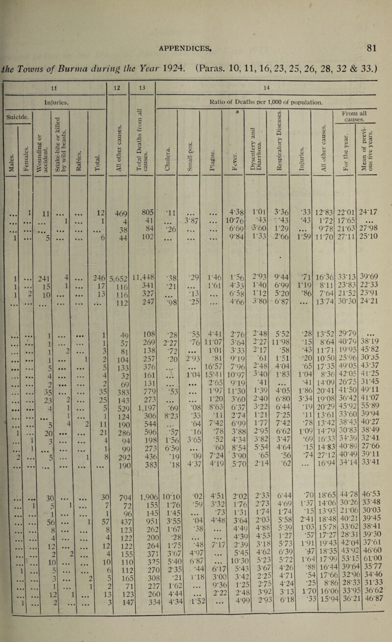 the Towns of Burma during the Year 1924. (Paras. 10, 11, 16,23, 25, 26, 28, 32 & 33.)