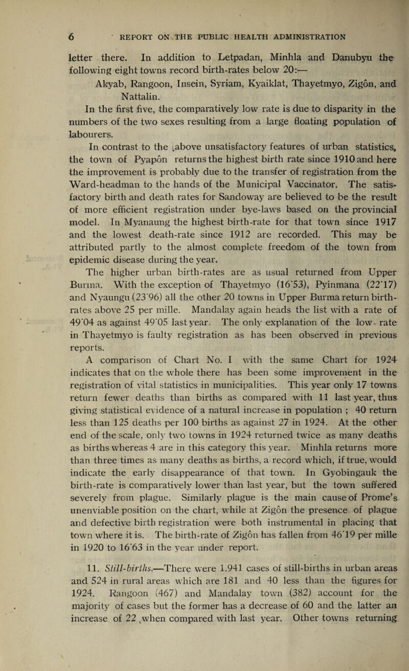 letter there. In addition to Letpadan, Minhla and Danubyu the following eight towns record birth-rates below 20:— Akyab, Rangoon, Insein, Syriam, Kyaiklat, Thayetmyo, Zigon, and Nattalin. In the first five, the comparatively low rate is due to disparity in the numbers of the two sexes resulting from a large floating population of labourers. In contrast to the [above unsatisfactory features of urban statistics, the town of Pyapon returns the highest birth rate since 1910 and here the improvement is probably due to the transfer of registration from the Ward-headman to the hands of the Municipal Vaccinator. The satis¬ factory birth and death rates for Sandoway are believed to be the result of more efficient registration under bye-laws based on the provincial model. In Myanaung the highest birth-rate for that town since 1917 and the lowest death-rate since 1912 are recorded. This may be attributed partly to the almost complete freedom of the town from epidemic disease during the year. The higher urban birth-rates are as usual returned from Upper Burma. With the exception of Thayetmyo (16*53), Pyinmana (22*17) and Nyaungu (23*96) all the other 20 towns in Upper Burma return birth¬ rates above 25 per mille. Mandalay again heads the list with a rate of 49*04 as against 49*05 last year. The only explanation of the low. rate in Thayetmyo is faulty registration as has been observed in previous reports. A comparison of Chart No. I with the same Chart for 1924 indicates that on the whole there has been some improvement in the registration of vital statistics in municipalities. This year only 17 towns return fewer deaths than births as compared with 11 last year, thus giving statistical evidence of a natural increase in population ; 40 return less than 125 deaths per 100 births as against 27 in 1924. At the other end of the scale, only two towns in 1924 returned twice as many deaths as births whereas 4 are in this category this year. Minhla returns more than three times as many deaths as births, a record which, if true, would indicate the early disappearance of that town. In Gyobingauk the birth-rate is comparatively lower than last year, but the town suffered severely from plague. Similarly plague is the main cause of Prome’s unenviable position on the chart, while at Zigon the presence of plague and defective birth registration were both instrumental in placing that town where it is. The birth-rate of Zigon has fallen from 46*19 per mille in 1920 to 16*63 in the year under report. 11. Still-births.—There were 1.941 cases of still-births in urban areas and 524 in rural areas which are 181 and 40 less than the figures for 1924. Rangoon (467) and Mandalay town (382) account for the majority of cases but the former has a decrease of 60 and the latter an increase of 22 when compared with last year. Other towns returning