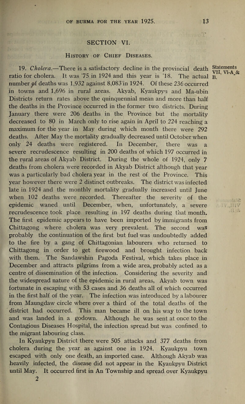 SECTION VI. History of Chief Diseases. 19. Cholera.—There is a satisfactory decline in the provincial death Statements VII VI-A 8c ratio for cholera. It was 75 in 1924 and this year is '18. The actual b. number £>f deaths was 1,932 against 8,083in 1924. Of these 236 occurred in towns and 1,696 in rural areas. Akvab, Kyaukpyu and Ma-ubin Districts return rates above the quinquennial mean and more than half the deaths in the Province occurred in the former two districts. During January there were 206 deaths in the Province but the mortality decreased to 80 in March only to rise again in April to 224 reaching a maximum for the year in May during which month there were 292 deaths. After May the mortality gradually decreased until October when only 24 deaths were registered. In December, there was a severe recrudescence resulting in 200 deaths of which 197 occurred in the rural areas of Akyab District. During the whole of 1924, only 7 deaths from cholera were recorded in Akyab District although that year was a particularly bad cholera year in the rest of the Province. This year however there were 2 distinct outbreaks. The district was infected late in 1924 and the monthly mortality gradually increased until June when 102 deaths were recorded. Thereafter the severity of the n 9 - y.1 < j epidemic waned until December, when, unfortunately, a severe , ,V recrudescence took place resulting in 197 deaths during that month. The first epidemic appears to have been imported by immigrants from Chittagong where cholera was very prevalent. The second was probably the continuation of the first but fuel was undoubtedly added to the fire by a gang of Chittagonian labourers who returned to Chittagong in order to get firewood and brought infection back with them. The Sandawshin Pagoda Festival, which takes place in December and attracts pilgrims from a wide area, probably acted as a centre of dissemination of the infection. Considering the severity and the widespread nature of the epidemic in rural areas, Akyab town was fortunate in escaping with 53 cases and 36 deaths all of which occurred in the first half of the year. The infection was introduced by a labourer from Maungdaw circle where over a third of the total deaths of the district had occurred. This man became ill on his way to the town and was landed in a godown. Although he was sent at once to the Contagious Diseases Hospital, the infection spread but was confined to the migrant labouring class. In Kyaukpyu District there were 505 attacks and 377 deaths from cholera during the year as against one in 1924. Kyaukpyu town escaped with only one death, an imported case. Although Akyab was heavily infected, the disease did not appear in the Kyaukpyu District until May. It occurred first in An Township and spread over Kyaukpyu 2