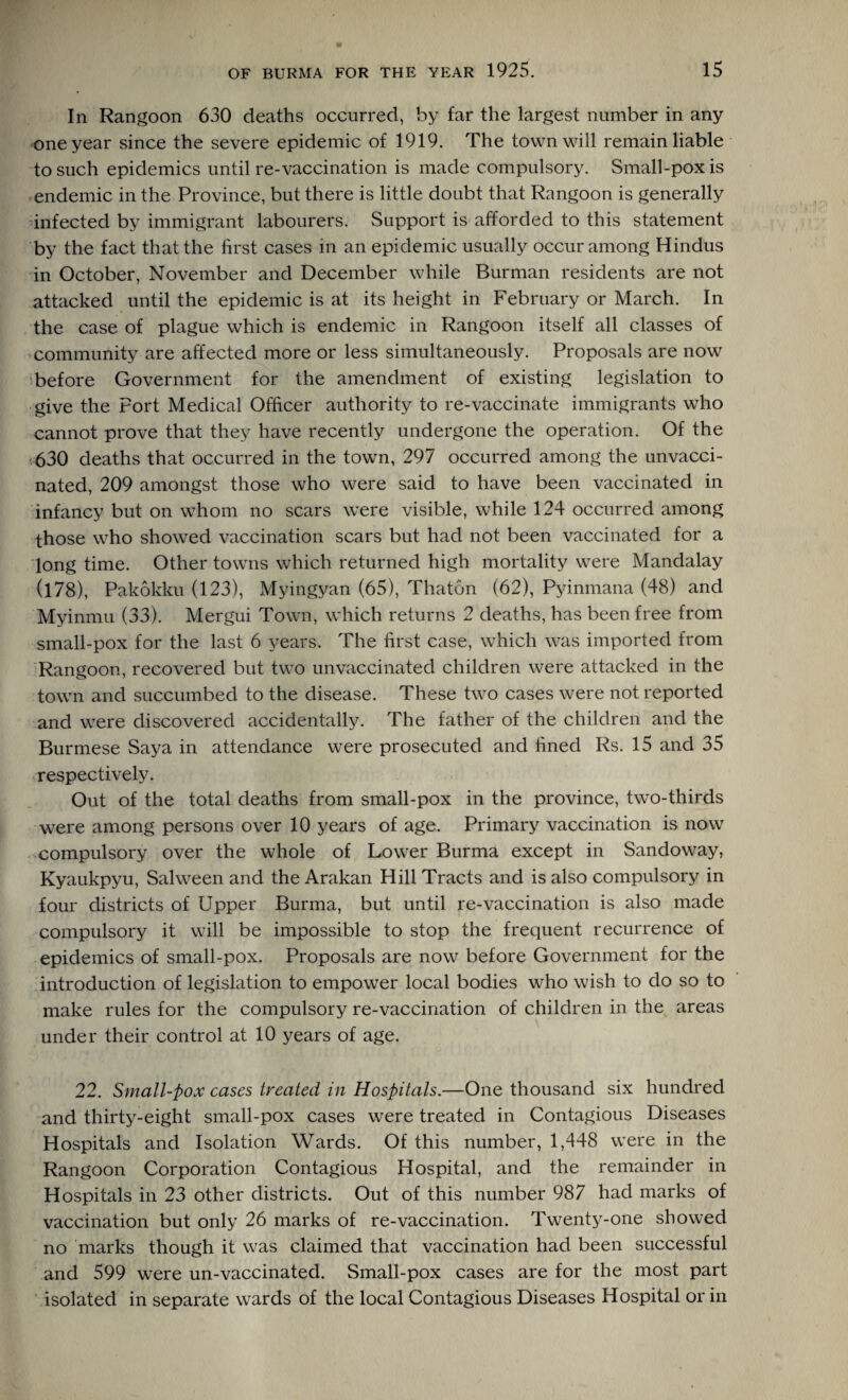 In Rangoon 630 deaths occurred, by far the largest number in any one year since the severe epidemic of 1919. The town will remain liable to such epidemics until re-vaccination is made compulsory. Small-pox is endemic in the Province, but there is little doubt that Rangoon is generally infected by immigrant labourers. Support is afforded to this statement by the fact that the first cases in an epidemic usually occur among Hindus in October, November and December while Burman residents are not attacked until the epidemic is at its height in February or March. In the case of plague which is endemic in Rangoon itself all classes of community are affected more or less simultaneously. Proposals are now before Government for the amendment of existing legislation to give the Port Medical Officer authority to re-vaccinate immigrants who cannot prove that they have recently undergone the operation. Of the 630 deaths that occurred in the town, 297 occurred among the unvacci¬ nated, 209 amongst those who were said to have been vaccinated in infancy but on whom no scars were visible, while 124 occurred among those who showed vaccination scars but had not been vaccinated for a long time. Other towns which returned high mortality were Mandalay (178), Pakokku (123), Myingyan (65), Thaton (62), Pyinmana (48) and Myinmu (33). Mergui Town, which returns 2 deaths, has been free from small-pox for the last 6 years. The first case, which was imported from Rangoon, recovered but two unvaccinated children were attacked in the town and succumbed to the disease. These two cases were not reported and were discovered accidentally. The father of the children and the Burmese Saya in attendance were prosecuted and fined Rs. 15 and 35 respectively. Out of the total deaths from small-pox in the province, two-thirds were among persons over 10 years of age. Primary vaccination is now compulsory over the whole of Lower Burma except in Sandoway, Kyaukpyu, Salween and the Arakan Hill Tracts and is also compulsory in four districts of Upper Burma, but until re-vaccination is also made compulsory it will be impossible to stop the frequent recurrence of epidemics of small-pox. Proposals are now before Government for the introduction of legislation to empower local bodies who wish to do so to make rules for the compulsory re-vaccination of children in the areas under their control at 10 years of age. 22. Small-pox cases treated in Hospitals.—One thousand six hundred and thirty-eight small-pox cases were treated in Contagious Diseases Hospitals and Isolation Wards. Of this number, 1,448 were in the Rangoon Corporation Contagious Hospital, and the remainder in Hospitals in 23 other districts. Out of this number 987 had marks of vaccination but only 26 marks of re-vaccination. Twenty-one showed no marks though it was claimed that vaccination had been successful and 599 were un-vaccinated. Small-pox cases are for the most part isolated in separate wards of the local Contagious Diseases Hospital or in