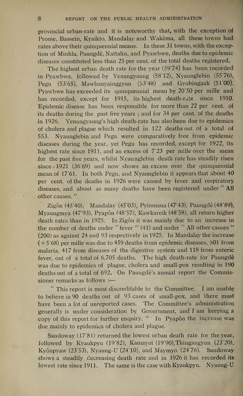 provincial urban-rate and it is noteworthy that, with the exception of Prome, Bassein, Kyaikto, Mandalay and Wakema, all these towns had rates above their quinquennial means. In these 31 towns, with the excep¬ tion of Minhla, Paungde, Nattalin, and Pyawbwe, deaths due to epidemic diseases constituted less than 25 per cent, of the total deaths registered. The highest urban death rate for the year (59*74) has been recorded in Pyawbwe, followed by Yenangyaung (58*12), Nyaunglebin (55 76), Pegu (53*65), Mawlamyainggyun (53*48) and Gyobingauk (51’00). Pyawbwe has exceeded its quinquennial mean by 20‘50 per mille and has recorded, except for 1915, its highest death-rate since 1910. Epidemic disease has been responsible for more than 22 per cent, of its deaths during the past five years ; and for 34 per cent, of the deaths in 1926. Yenangyaung’s high death-rate has also been due to epidemics of cholera and plague which resulted in 122 deaths out of a total of 553. Nyaunglebin and Pegu were comparatively free from epidemic diseases during the year, yet Pegu has recorded, except for 1922, its highest rate since 1911, and an excess of 7‘23 per mille over the mean for the past five years, whilst Nyaunglebin death rate has steadily risen •' since- 1921 (36*69) and now shows an excess over the quinquennial mean of 17*61. In both Pegu, and Nyaunglebin it appears that about 40 per cent, of the deaths in 1926 were caused by fever and respiratory diseases, and about as many deaths have been registered under “ All other causes. ” Zigon (45*40), Mandalay (45'03), Pyinmana (47*43), Paungde (48*89), Myaungmya (47*93), Pyapon (48*57), Kawkareik (48*58), all return higher death rates than in 1925. In Zigon it was mainly due to an increase in the number of deaths under “ fever ” (41) and under “ All other causes ” (200) as against 24 and 93 respectively in 1925. In Mandalay the increase (4-5*68) per mille was due to 459 deaths from epidemic diseases, 501 from malaria, 417 from diseases of the digestive system and 118 from enteric fever, out of a total of 6,705 deaths. The high death-rate for Paungde was due to epidemics of plague, cholera and small-pox resulting in 190 deaths out of a total of 692. On Paungde’s annual report the Commis¬ sioner remarks as follows :— “ This report is most discreditable to the Committee. I am unable to believe in 90 deaths out of 93 cases of small-pox, and there must have been a lot of unreported cases. The Committee’s administration generally is under consideration by Government, and I am keeping a copy of this report for further enquiry. ” In Pyapon the increase was due mainly to epidemics of cholera and plague. Sandoway (17*81) returned the lowest urban death rate for the year, followed by Kyaukpyu (19*82), Kamayut (19*90),Thingangyun (23*20), Kyonpyaw (23*53), Nyaung-U (24*10), and Maymyo (24*76). Sandoway shows a steadily decreasing death rate and in 1926 it has recorded its lowest rate since 1911. The same is the case with Kyaukpyu. Nyaung-U