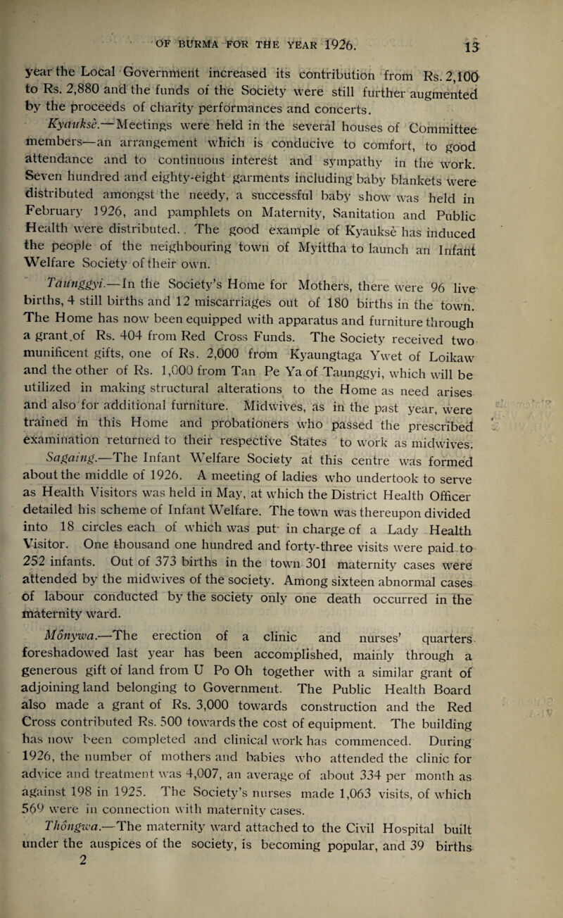 year the Local Government increased its contribution from Rs. 2,100 to Rs. 2,880 and the funds of the Society were still further augmented by the proceeds of charity performances and concerts. Kyaukse.— Meetings were held in the several houses of Committee members—an arrangement which is conducive to comfort, to good attendance and to continuous interest and sympathy in the work. Seven hundred and eighty-eight garments including baby blankets were distributed amongst the needy, a successful baby show was held in February 1926, and pamphlets on Maternity, Sanitation and Public Health were distributed.. The good example of Kyaukse has induced the people of the neighbouring town of Myittha to launch an Infant Welfare Society of their own. Tdunggyi.—ln the Society’s Home for Mothers, there were 96 live births, 4 still births and 12 miscarriages out of 180 births in the town. The Home has now been equipped with apparatus and furniture through a grant.of Rs. 404 fiom Red Cross Funds. The Society received two munificent gifts, one of Rs. 2,000 from Kyaungtaga Ywet of Loikaw and the other of Rs. 1,000 from Tan Pe Ya of Taunggyi, which will be utilized in making structural alterations to the Home as need arises and also for additional furniture. Midwives, as in the past year, were trained in this Home and probationers who passed the prescribed examination returned to their respective States to work as midwives. Sagaing.—The Infant Welfare Society at this centre was formed about the middle of 1926. A meeting of ladies who undertook to serve as Health Visitors was held in May, at which the District Health Officer detailed his scheme of Infant Welfare. The town was thereupon divided into 18 circles each of which was put- in charge of a Lady Health Visitor. One thousand one hundred and forty-three visits were paid to 252 infants. Out of 373 births in the town 301 maternity cases were attended by the midwives of the society. Among sixteen abnormal cases of labour conducted by the society only one death occurred in the maternity ward. Monywa.—The erection of a clinic and nurses’ quarters foreshadowed last year has been accomplished, mainly through a generous gift of land from U Po Oh together with a similar grant of adjoining land belonging to Government. The Public Health Board also made a grant of Rs. 3,000 towards construction and the Red Cross contributed Rs. 500 towards the cost of equipment. The building has now been completed and clinical work has commenced. During 1926, the number of mothers and babies who attended the clinic for advice and treatment was 4,007, an average of about 334 per month as against 198 in 1925. The Society’s nurses made 1,063 visits, of which 569 were in connection with maternity cases. I'hongwa.—1The maternity ward attached to the Civil Hospital built under the auspices of the society, is becoming popular, and 39 births 2