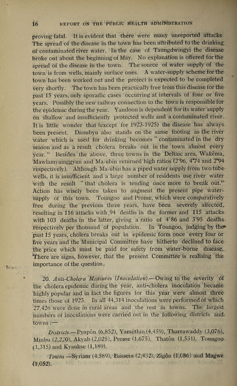 proving fatal. It is evident that there were many unreported attacks The spread of the disease in the town has been attributed to the drinking of contaminated river water. In the case of Taungdwingyi the disease broke out about the beginning of May. No explanation is offered for the spread of the disease in the town. The source of water supply of the town is from wells, mainly surface ones. A water-supply scheme for the town has been worked out and the project is expected to be completed very shortly. The town has been practically free from this disease for the past 15 years, only sporadic cases occurring at intervals of four or five years. Possibly the new railway connection to the town is responsible for the epidemic during the year. Yandoon is dependent for its water supply on shallow and insufficiently protected wells and a contaminated river. It is little wonder that (except for 1923-1925) the disease has always, been present. Danubyu also stands on the same footing as the river' water which is used for drinking becomes contaminated in the dr}r season and as a result cholera breaks out in the town almost every year.” Besides the above, three towns in the Deltaic area, Wakema,. Mawlamyainggvun and Ma-ubin returned high ratios (2'96, 4*74 and 2*94 respectively). Although Ma-ubin has a piped water supply from two tube- wdls, it is insufficient and a large number of residents use river water with the result “that cholera is tending once more to break Out.” Action has wisely been taken to augment the present pipe water- supply of this town. Toungoo and Prome, which were comparatively free during the previous three years, have been severely affected, resulting in 116 attacks with.94 deaths in the former and 115 attacks with 103 deaths in the latter, giving a ratio of 4’86 and 3’95 deaths, respectively per thousand of population. In Toungoo, judging by the* past 15 years, cholera breaks out in epidemic form once every four or five years and the Municipal Committee have hitherto declined to face the price which must be paid for safety from water-borne disease. There are signs, however, that the present Committee is realising the importance of the question. 20. Anti-Cholera Measures [l no dilation).—Owing to the severity of the cholera epidemic during the year, anti-cholera inoculation became highly popular and in fact the figures for this year were almost three times those of 1925. In all 44,314 inoculations were performed of which 27,426 were done in rural areas and the rest in towns. The largest numbers of inoculations were carried out in the 'following' districts and' towns :— Districts.—Pyapon (6,852), Yamethin (4,459), Tharrawaddy (3,076), Minbu (2,220), Akyab (2,025), Prome (1,675), Thaton (1,531), Toungoo (1,315) and Kyaukse (1,189). JTowns—Syriam (4.589), Bassein (2,432), Zigon (1,086) and Magwe (1,05-2).