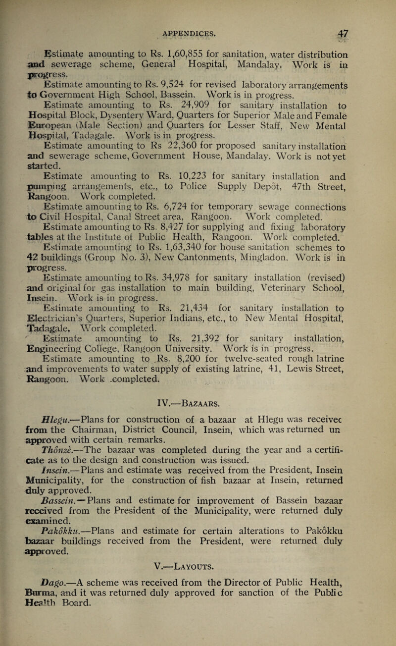 Estimate amounting to Rs. 1,60,855 for sanitation, water distribution and sewerage scheme, General Hospital, Mandalay. Work is in progress. Estimate amounting to Rs. 9,524 for revised laboratory arrangements to Government High School, Bassein. Work is in progress. Estimate amounting to Rs. 24,909 for sanitary installation to Hospital Block, D37sentery Ward, Quarters for Superior Male and Female European (Male Section) and Quarters for Lesser Staff, New Mental Hospital, Tadagale. Work is in progress. Estimate amounting to Rs 22,360 for proposed sanitary installation and sewerage scheme, Government House, Mandalay. Work is not yet started. Estimate amounting to Rs. 10,223 for sanitary installation and pumping arrangements, etc., to Police Supply Depot, 47th Street, Rangoon. Work completed. Estimate amounting to Rs. 6,724 for temporary sewage connections to Civil Hospital, Canal Street area, Rangoon. Work completed. Estimate amounting to Rs. 8,427 for supplying and fixing laboratory tables at the Institute of Public Health, Rangoon. Work completed. Estimate amounting to Rs. 1,63,340 for house sanitation schemes to 42 buildings (Group No. 3), New Cantonments, Mingladon. Work is in progress. Estimate amounting to Rs. 34,978 for sanitary installation (revised) and original for gas installation to main building, Veterinary School, Insein. Work is in progress. Estimate amounting to Rs. 21,434 for sanitary installation to Electrician’s Quarters, Superior Indians, etc., to New Mental Hospital, Tadagale. Work completed. Estimate amounting to Rs. 21,392 for sanitary installation, Engineering College, Rangoon University. Work is in progress. Estimate amounting to Rs. 8,200 for twelve-seated rough latrine and improvements to water supply of existing latrine, 41, Lewis Street, Rangoon. Work .completed. IV.—Bazaars. Hlegu.—Plans for construction of a bazaar at Hlegu was receiver from the Chairman, District Council, Insein, which was returned un approved with certain remarks. Thonze.—The bazaar was completed during the year and a certifi¬ cate as to the design and construction was issued. Insein.—Plans and estimate was received from the President, Insein Municipality, for the construction of fish bazaar at Insein, returned duly approved. Bassein.-Plans and estimate for improvement of Bassein bazaar received from the President of the Municipality, were returned duly examined. Pakokku.—Plans and estimate for certain alterations to Pakokku bazaar buildings received from the President, were returned duly approved. V.—Layouts. Dago.—A scheme wTas received from the Director of Public Health, Burma, and it was returned duly approved for sanction of the Publi c Health Board.