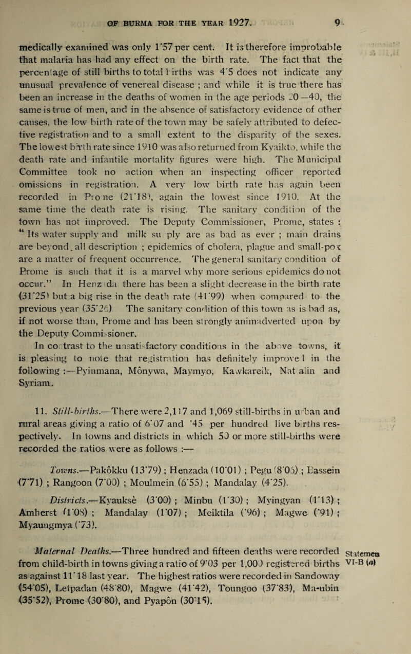 medically examined was only 1*57 per cent. It is therefore improbable that malaria has had any effect on the birth rate. The fact that the percentage of still births to total l irths was 4*5 does not indicate any unusual prevalence of venereal disease ; and while it is true there has been an increase in the deaths of women in the age periods -0 —40, the same is true of men, and in the absence of satisfactory evidence of ether causes, the low birth rate of the town may be safely attributed to defec¬ tive registration and to a small extent to the disparity of the sexes. The lowed birth rate since 1910 was also returned from Kyaikto, while the death rate and infantile mortality figures were high. The Municipal Committee took no action when an inspecting officer reported omissions in registration. A very low birth rate has again been recorded in Pione (21*18), again the lowest since 1910. At the same time the death rate is rising. The sanitary condition of the town has not improved. The Deputy Commissioner, Prome, states : “ Its water supply and milk su ply are as bad as ever ; main ch ains are beyond, all description ; epidemics of cholera, plague and small-poc are a matter of frequent occurrence. The general sanitary condition of Prome is such that it is a marvel why more serious epidemics do not occur.” In Henz da there has been a slight decrease in the birth rate (31*25* but a big rise in the death rate (41*99) when compared to the previous year (35*26) The sanitary condition of this town is is bad as, if not worse than, Prome and has been strongly animadverted upon by the Deputy Commi sioner. In co trast to the unsatisfactory conditions in the ab 've towns, it is pleasing to note that registration has definitely improve 1 in the following :—Pyinmana, Monywa, Mavmyo, Kawkareik, Nat a.in and Syriam. 11. Still-births.—There were 2,117 and 1,069 still-births in u ban and rural areas giving a ratio of 6*07 and *45 per hundred live b rths res¬ pectively. In towns and districts in which 50 or more still-births were recorded the ratios were as follows :— Towns.—Pakokku (13*79); Henzacla (10*01) ; Pegu '8‘On) ; Eassein (7*71) ; Rangoon (7*00) ; Moulmein (6*55) ; Mandalay (4*25). Districts.—Kyaukse (3*00) ; Minbu (1*30) ; Myingyan (1*13) ; Amherst fl‘08) ; Mandalay (1*07) ; Meiktila (’96) ; Magwe (*91) ; Myaungmya (* 73). Maternal Deaths.—Three hundred and fifteen deaths were recorded from child-birth in towns giving a ratio of 9*03 per 1,000 registered births as against 11*18 last year. The highest ratios were recorded in Sandoway (54*05), Letpadan (48*80), Magwe (41*42), Toungoo (37*83), Ma-ubin (35*52), Prome (30*80), and Pyapon (30*15). Statemen VI-B (a)