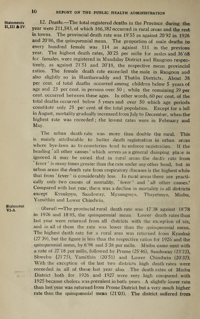 Statements II, III & IV. Statement VI-A. * 12. Deaths.—The total registered deaths in the Province during the. year were 211,543, of which 166,382 occurred in rural areas and the rest in towns. The provincial death rate was 19*55 as against 20*92 in 1926 and 20*86, the quinquennial mean. The proportion of male deaths to every hundred female was 114 as against 111 in the previous year. The highest death rates, 30*25 per mille for males and 36*68 for females, were registered in Mandalay District and Rangoon respec¬ tively, as against 21 51 and 20 18, the respective mean provincial ratios. The female death rate exceeded the male in Rangoon and also slightly so in Hanthawaddy and Thaton Districts. About 38 per cent, of total deaths occurred among children below 5 years of age and 23 per cent, in persons over 50 ; while the remaining 39 per cent, occurred between these ages. In other words, 60 per cent, of the total deaths occurred below 5 years and over 50 which age periods constitute only 25 per cent, of the total population. Except for a lull in August, mortality gradually increased from July to December, when the highest rate was recorded ; ithe lowest rates were in February and May. The urban death rate was more than double the rural. This is mainly attributable to better death registration in urban areas where bye-laws as to cemeteries tend to enforce registration. If the heading all other causes’which serves as a general dumping place is ignored it may be noted that in rural areas the death rate from fever ’ is many times greater than the rate under any other head, but in urban areas the death rate from respiratory diseases is the highest while that from ‘ fever ’ is considerably less. In rural areas there are practi¬ cally only two causes of mortality, 1 fever ’ and all other causes/ Compared with last year, there was a decline in mortality in all districts except Kyaukpyu, Sandoway, Myaungmya, Thayetmyo, Minbu, Yamethin and Lower Chindwin. {Rural).—The provincial rural death rate was 17*38 against 18*78 in 1926 and 18*85, the quinquennial mean. Lower death rates than last year were returned from all districts with the exception of six, and in all of them the rate was lower than the quinquennial mean. The highest death rate for a rural area was returned from Kyaukse (27*39), but the figure is less than the respective ratios for 1926 and the quinquennial mean, by 6*94 and 5*38 per mille. Minbu came next with a rate of 27*18 per mille, followed by Prome (25*46), Sandoway (23*72)r Shwebo (21*75), Yamethin (20*51) and Lower Chindwin (20*37). With the exception of the last two districts high death rates were recorded in all of these last year also. The death rates of Minbu District both for 1926 and 1927 were very high compared with 1925 because cholera was prevalent in both years A slightly lower rate than last year was returned from Prome District but a very much higher rate than the quinquennial mean (21*03). The district suffered from