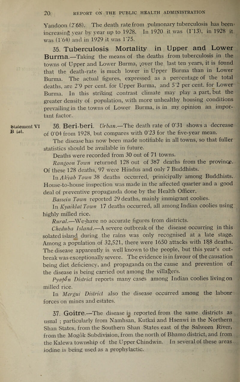 statement VI B (a). 20 REPORT ON THE PUBLIC HEALTH ADMINISTRATION Yandoon (2*68). The death rate from pulmonary tuberculosis has been* increasing year by year up to 1928. In 1920 it was (1T3), in 1928 it was (1 *64) and in 1929 it was 1*75. 35. Tuberculosis Mortality in Upper and Lower Burma.—Taking the means of the deaths from tuberculosis in the towns of Upper and Lower Burma, Lover the last ten years, it is found that the death-rate is much lower in Upper Burma than in Lower Burma. The actual figures, expressed as a percentage of the total deaths, are 2*9 per cent, for Upper Burma, and 5*2 per cent, for Lower Burma. In this striking contrast climate may play a part, but the greater density of population, with more unhealthy housing conditions prevailing in the towns of Lower Burma, is in my opinion an impor¬ tant factor. 36. Beri-beri. Urban.—The death rate of 0'31 shows a decrease of O'04 from 1928, but compares with 0'23 for the five-year mean. The disease has now been made notifiable in all towns, so that fuller statistics should be available in future. Deaths were recorded from 30 out of 71 towns. Rangoon Town returned 128 out of 387 deaths from the province. Of these 128 deaths, 97 were Hindus and only 7 Buddhists. In Akyab Town 38 deaths occurred, principally among Buddhists. House-to-house inspection was made in the affected quarter and a good deal of preventive propaganda done by the Health Officer. Bassein Town reported 29 deaths, mainly immigrant coolies. In Kyaiklat Town 17 deaths occurred, all among Indian coolies using highly milled rice. Rural.—Wediave no accurate figures from districts. Cheduba Island.—A severe outbreak of the disease occurring in this solated island during the rains was only recognised at a late stage. Among a population of 32,521, there were 1650 attacks with 18,8 deaths. The disease apparently is well known to the people, but this year’s out¬ break was exceptionally severe. The evidence is in favour of the causation being diet deficiency, and propaganda on the cause and prevention of the disease is being carried out among the villagers. Pyafidn District reports many cases among Indian coolies living on milled rice. In Mergui District also the disease occurred among the labour forces on mines and estates. 37. Goitre.—The disease is reported from the same districts as usual ; particularly from Namhsan, Kutkai and Hsenwi in the Northern Shan States, from the Southern Shan States east of the Salween River, from the Mogok Subdivision, from the north of Bhamo district, and from the Kalewa township of the Upper Chindwin. In several of these areas iodine is being used as a prophylactic.