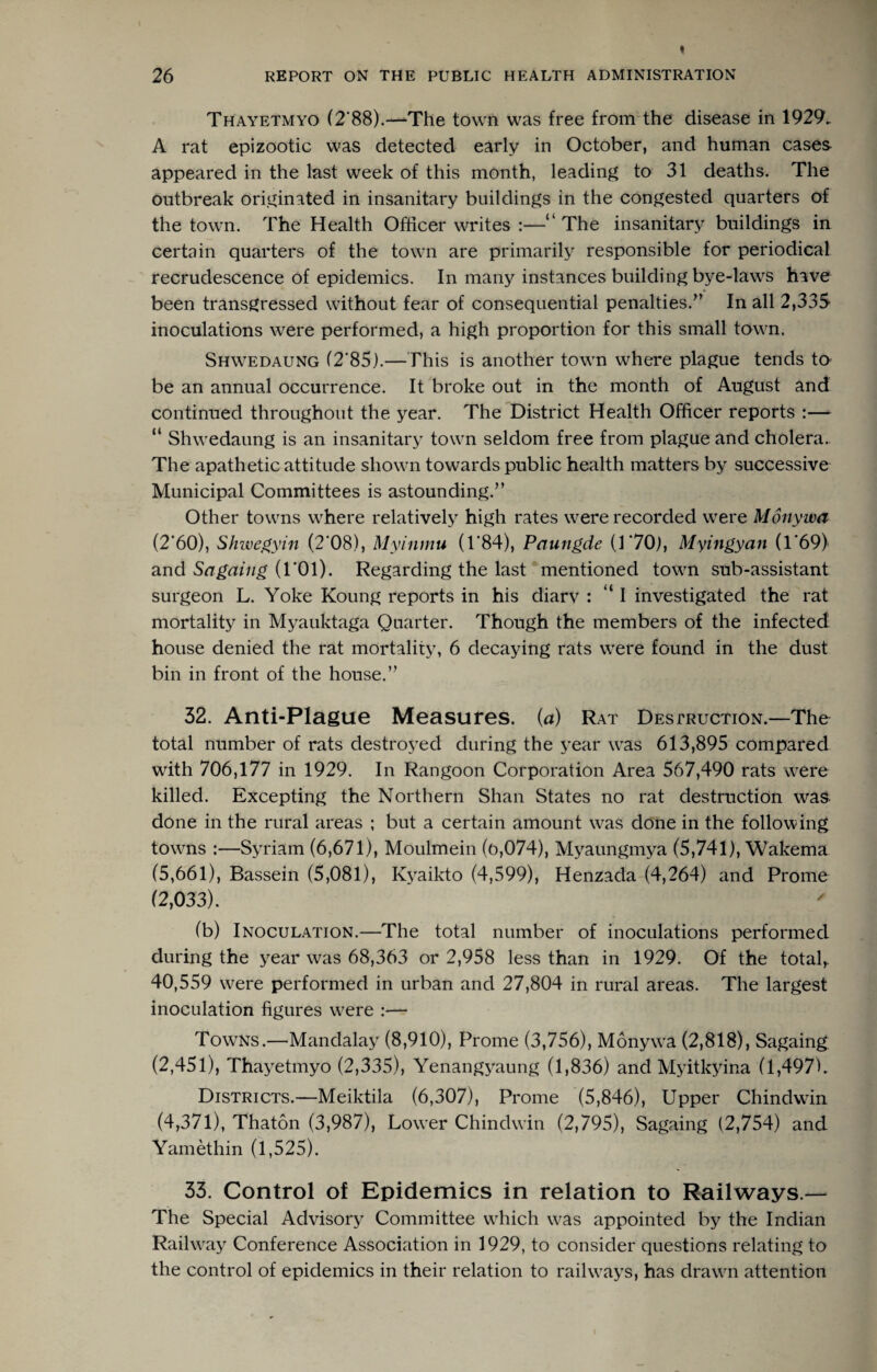Thayetmyo (2'88).—The town was free from'the disease in 1929. A rat epizootic was detected early in October, and human cases appeared in the last week of this month, leading to 31 deaths. The outbreak originated in insanitary buildings in the congested quarters of the town. The Health Officer writes :—“ The insanitary buildings in certain quarters of the town are primarily responsible for periodical recrudescence of epidemics. In many instances building bye-laws have been transgressed without fear of consequential penalties.^’ In all 2,335 inoculations were performed, a high proportion for this small town. Shwedaung 12’85).—This is another town where plague tends ta be an annual occurrence. It broke out in the month of August and continued throughout the year. The District Health Officer reports :— “ Shwedaung is an insanitary town seldom free from plague and cholera. The apathetic attitude shown towards public health matters by successive Municipal Committees is astounding.” Other towns where relatively high rates were recorded were Monywa (2*60), Shwegyin (2*08), Myinrnu (1*84), Paungde (1*70), Myingyan (1*69) and Sagaing (1*01). Regarding the last mentioned town sub-assistant surgeon L. Yoke Koung reports in his diarv : “ I investigated the rat mortality in Myauktaga Quarter. Though the members of the infected house denied the rat mortality, 6 decaying rats were found in the dust bin in front of the house.” 32. Anti-Plague Measures, {a) Rat Despruction.—The total number of rats destroyed during the 3-ear was 613,895 compared with 706,177 in 1929. In Rangoon Corporation Area 567,490 rats were killed. Excepting the Northern Shan States no rat destruction was done in the rural areas ; but a certain amount was done in the following towns :—S^Tiam (6,671), Moulmein (o,074), M^'aungm^^a (5,741), Wakema (5,661), Bassein (5,081), K^’aikto (4,599), Henzada (4,264) and Prome (2,033). (b) Inoculation.—The total number of inoculations performed during the 3^ear was 68,363 or 2,958 less than in 1929. Of the totals 40,559 were performed in urban and 27,804 in rural areas. The largest inoculation figures were Towns.—Mandalay (8,910), Prome (3,756), Monywa (2,818), Sagaing (2,45l), Tha^^etmyo (2,335), Yenangyaung (1,836) and Myitk^nna (l,497h Districts.—Meiktila (6,307), Prome (5,846), Upper Chindwin (4,371), Thaton (3,987), Lower Chindwin (2,795), Sagaing (2,754) and Yamethin (1,525). 33. Control of Epidemics in relation to Railways.— The Special Advisory Committee wffiich was appointed by the Indian Railway Conference Association in 1929, to consider questions relating to the control of epidemics in their relation to railwa^^s, has drawn attention