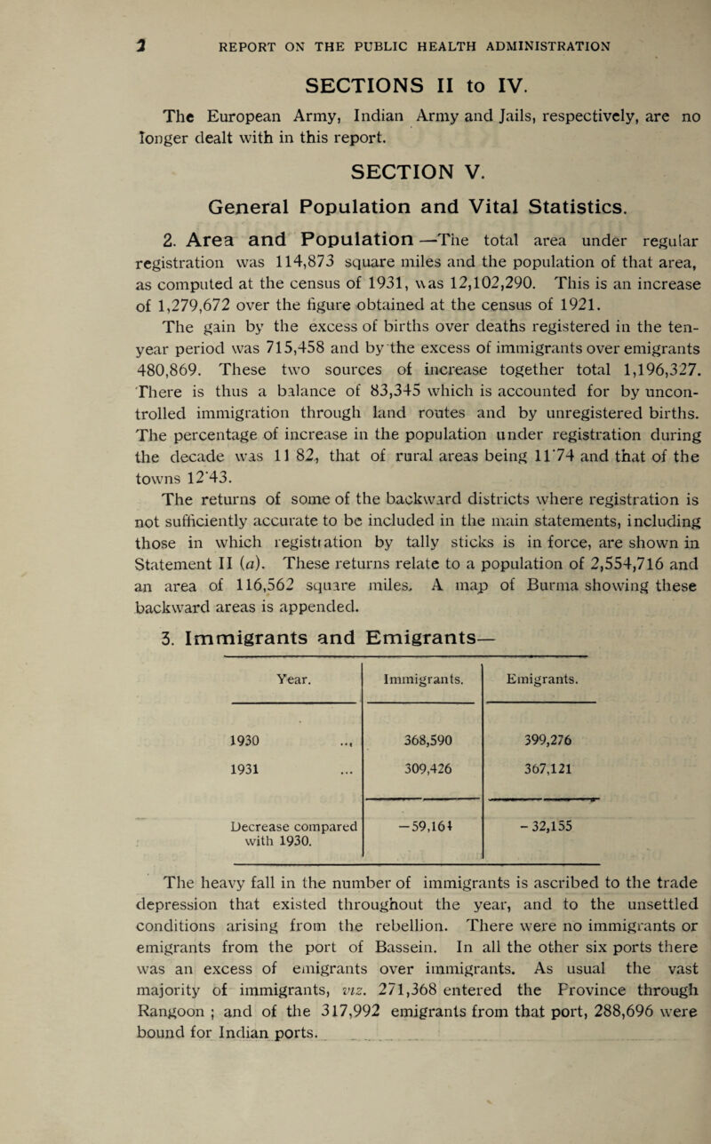 SECTIONS II to IV. The European Army, Indian Army and Jails, respectively, are no longer dealt with in this report. SECTION V. General Population and Vital Statistics. 2. Area and Population —The total area under regular registration was 114,873 square miles and the population of that area, as computed at the census of 1931, was 12,102,290. This is an increase of 1,279,672 over the figure obtained at the census of 1921. The gain by the excess of births over deaths registered in the ten- year period was 715,458 and by the excess of immigrants over emigrants 480,869. These two sources of increase together total 1,196,327. There is thus a balance of 83,345 which is accounted for by uncon¬ trolled immigration through land routes and by unregistered births. The percentage of increase in the population under registration during the decade wTas 11 82, that of rural areas being 11*74 and that of the towns 12*43. The returns of some of the backward districts where registration is not sufficiently accurate to be included in the main statements, including those in which registration by tally sticks is in force, are shown in Statement II (a). These returns relate to a population of 2,554,716 and an area of 116,562 square miles, A map of Burma showdng these backward areas is appended. 3. Immigrants and Emigrants— Year. Immigrants. Emigrants. 1930 368,590 399,276 1931 309,426 367,121 Decrease compared -59,161 -32,155 with 1930. The heavy fall in the number of immigrants is ascribed to the trade depression that existed throughout the year, and to the unsettled conditions arising from the rebellion. There were no immigrants or emigrants from the port of Bassein. In all the other six ports there was an excess of emigrants over immigrants. As usual the vast majority of immigrants, viz. 271,368 entered the Frovince through Rangoon ; and of the 317,992 emigrants from that port, 288,696 were bound for Indian ports. ...