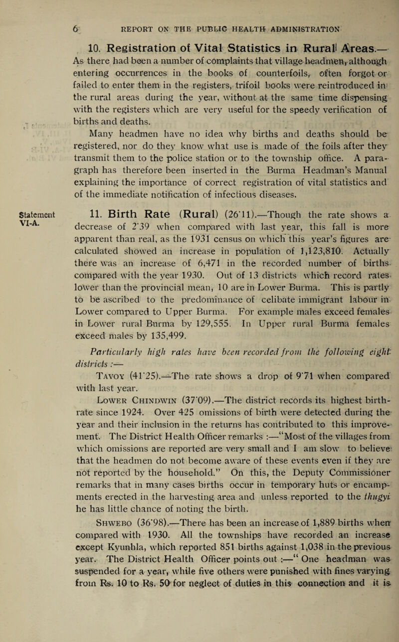 10. Registration of Vital Statistics in Rural! Areas.— As there had been a number of complaints that village headmen, although entering occurrences in the books of counterfoil often forgot or failed to enter them in the registers, trifoil books were reintroduced in the rural areas during the year, without at the same time dispensing with the registers which are very useful for the speedy verification of births and deaths. *• Many headmen have no idea why births and deaths should be registered, nor do they know what use is made of the foils after they transmit them to the police station or to the township office. A para¬ graph has therefore been inserted in the Burma Headman’s Manual explaining the importance of correct registration of vital statistics and of the immediate notification of infectious diseases. Statement VIA. 11. Birth Rate (Rural) (26* 11).—Though the rate shows a decrease of 2'39 when compared with last year, this fall is more apparent than real, as the 1931 census on which this year’s figures are calculated showed an increase in population of 1,123,810. Actually there was an increase of 6,471 in the recorded number of births compared with the year 1930. Out of 13 districts which record rates loXver than the provincial mean, 10 are in Lower Burma. This is partly to be ascribed to the predominance of celibate immigrant labour in Lower compared to Upper Burma. For example males exceed females in Lower rural Burma by 129,555. In Upper rural Burma females exceed males by 135,499. Particularly high rates have been recorded from the following eight districts :— Tavoy (4F25).—The rate shows a drop of 9'71 when compared with last year. Lower Chindwin (37*09).—The district records its highest birth¬ rate since 1924. Over 425 omissions of birth were detected during the year and their inclusion in the returns has contributed to this improve¬ ment. The District Health Officer remarks :—“Most of the villages from which omissions are reported are very small and I am slow to believe' that the headmen do not become aware of these events even if they are not reported by the household.” On this, the Deputy Commissioner remarks that in many cases births occur in temporary huts or encamp¬ ments erected in the harvesting area and unless reported to the thugyi he has little chance of noting the birth. Shwebo (36*98).—There has been an increase of 1,889 births when compared with 1930. All the townships have recorded an increase except Kyunhla, which reported 851 births against 1,038 in the previous year. The District Health Officer points out :—“ One headman was suspended for a year, while five others were punished with fines varying from Rs. 10 to Rs. 50 for neglect of duties in this connection and it is