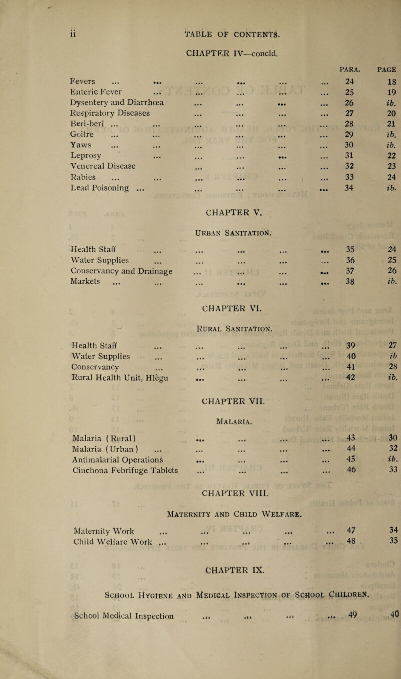 Fevers ... Enteric Fever Dysentery and Diarrhoea Respiratory Diseases Beri-beri ... Goitre Yaws Leprosy Venereal Disease Rabies Lead Poisoning ... Health Staff Water Supplies Conservancy and Drainage Markets Health Staff Water Supplies Conservancy Rural Health Unit, Hlegu CHAPTER IV—concld. Malaria (Rural) Malaria (Urban) Antimalarial Operations Cinchona Febrifuge Tablets CHAPTER V. Urban Sanitation. CHAPTER VI. Rural Sanitation. CHAPTER VII. Malaria. CHAPTER VIII. Maternity and Child Welfare. Maternity Work Child Welfare Work ... CHAPTER IX. PARA. 24 25 26 27 28 29 30 31 32 33 34 35 36 37 38 39 40 41 42 43 44 45 46 47 48 School Hygiene and Medigal Inspection of School Children. School Medical Inspection 49 PAGE 18 19 ib. 20 21 ib. ib. 22 23 24 ib> 24 25 26 ib. 27 ib 28 ib. 30 32 ib. 33 34 35 .40