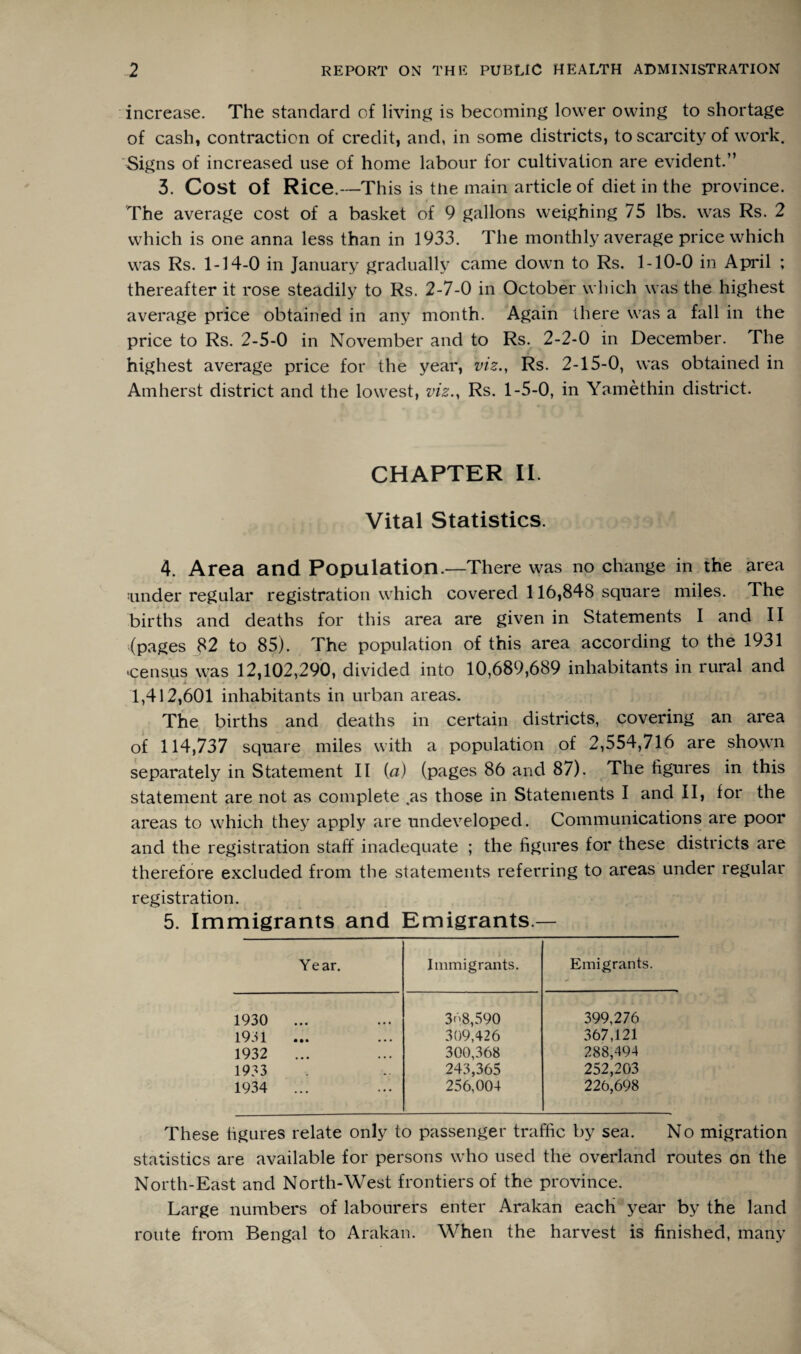 increase. The standard of living is becoming lower owing to shortage of cash, contraction of credit, and, in some districts, to scarcity of work. Signs of increased use of home labour for cultivation are evident.” 3. Cost Of Rice.—This is tiie main article of diet in the province. The average cost of a basket of 9 gallons weighing 75 lbs. was Rs. 2 which is one anna less than in 1933. The monthly average price which was Rs. 1-14-0 in January gradually came down to Rs. 1-10-0 in April ; thereafter it rose steadily to Rs. 2-7-0 in October which was the highest average price obtained in any month. Again there was a fall in the price to Rs. 2-5-0 in November and to Rs. 2-2-0 in December. The highest average price for the year, viz., Rs. 2-15-0, was obtained in Amherst district and the lowest, viz., Rs. 1-5-0, in Yamethin district. CHAPTER II. Vital Statistics. 4. Area and Population.—There was no change in the area under regular registration which covered 116,848 square miles. The births and deaths for this area are given in Statements I and II (pages 82 to 85). The population of this area according to the 1931 •census was 12,102,290, divided into 10,689,689 inhabitants in rural and 1,412,601 inhabitants in urban areas. The births and deaths in certain districts, covering an area of 114,737 square miles with a population of 2,554,716 are shown separately in Statement II (a) (pages 86 and 87). The figures in this statement are not as complete .as those in Statements I and II, for the areas to which they apply are undeveloped. Communications are poor and the registration staff inadequate ; the figures for these districts are therefore excluded from the statements referring to areas under regular registration. 5. Immigrants and Emigrants — Year. Immigrants. Emigrants. 1930 ... 3n8,590 399,276 1931 309,426 367,121 1932 ... 300,368 288,494 1933 243,365 252,203 1934 ... 256,004 226,698 These figures relate only to passenger traffic by sea. No migration statistics are available for persons who used the overland routes on the North-East and North-West frontiers of the province. Large numbers of labourers enter Arakan each year by the land route from Bengal to Arakan. When the harvest is finished, many