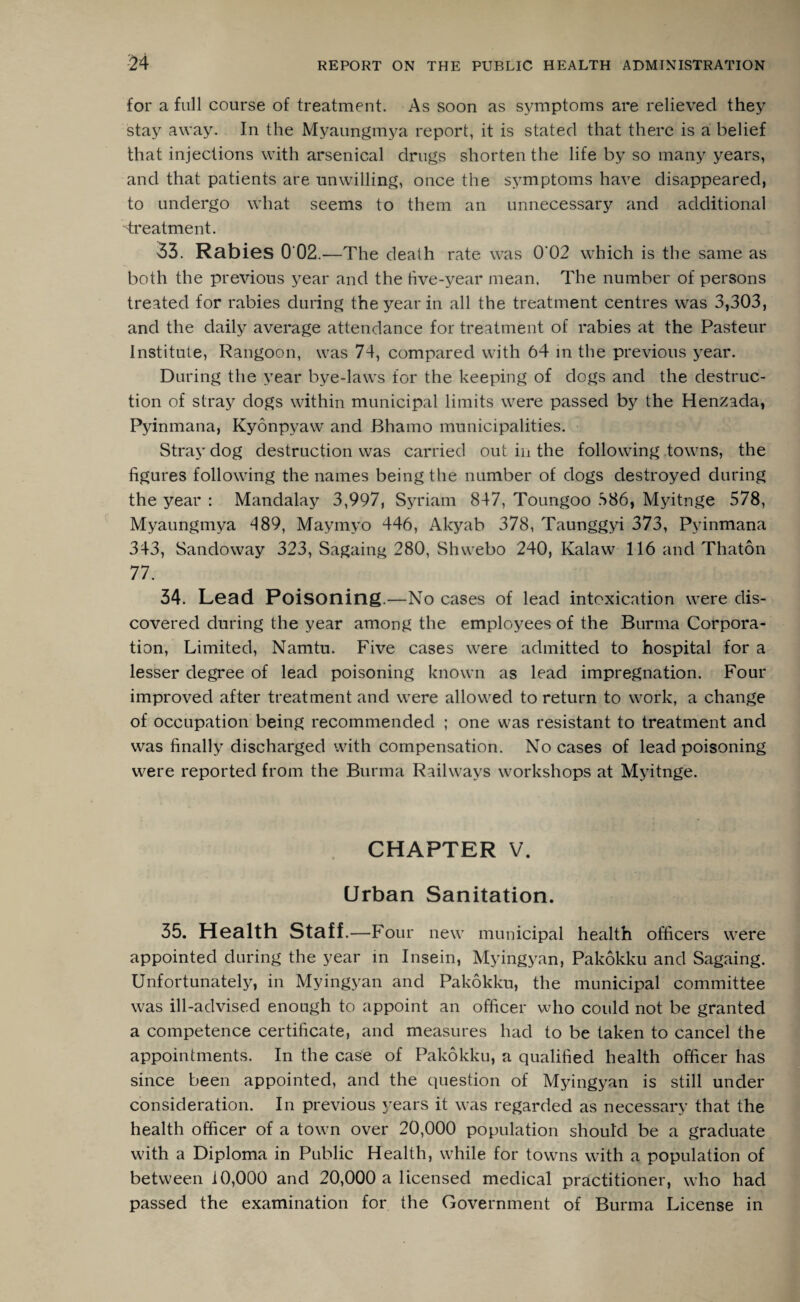 :24 for a full course of treatment. As soon as symptoms are relieved they stay away. In the Myaungmya report, it is stated that there is a belief that injections with arsenical drugs shorten the life by so many years, and that patients are unwilling, once the symptoms have disappeared, to undergo what seems to them an unnecessary and additional ■treatment. 33. Rabies 0 02.—The death rate was 0‘02 which is the same as both the previous year and the five-year mean. The number of persons treated for rabies during the year in all the treatment centres was 3,303, and the daily average attendance for treatment of rabies at the Pasteur Institute, Rangoon, was 74, compared with 64 in the previous year. During the year bye-laws for the keeping of dogs and the destruc¬ tion of stray dogs within municipal limits were passed by the Henzada, Pyinmana, Kyonpyaw and Bhamo municipalities. Stray dog destruction was carried out in the following towns, the figures following the names being the number of dogs destroyed during the year : Mandalay 3,997, Syriam 847, Toungoo 386, Myitnge 578, Myaungmya 489, Maymyo 446, Akyab 378, Taunggyi 373, Pyinmana 343, Sandoway 323, Sagaing 280, Shwebo 240, Kalaw 116 and Thaton 77. 34. Lead Poisoning.—No cases of lead intoxication were dis¬ covered during the year among the employees of the Burma Corpora¬ tion, Limited, Namtu. Five cases were admitted to hospital for a lesser degree of lead poisoning known as lead impregnation. Four improved after treatment and were allowed to return to work, a change of occupation being recommended ; one was resistant to treatment and was finally discharged with compensation. No cases of lead poisoning were reported from the Burma Railways workshops at Myitnge. CHAPTER V. Urban Sanitation. 35. Health Staff •—Four new municipal health officers were appointed during the year in Insein, Myingyan, Pakokku and Sagaing. Unfortunately, in Myingyan and Pakokku, the municipal committee was ill-advised enough to appoint an officer who could not be granted a competence certificate, and measures had to be taken to cancel the appointments. In the case of Pakokku, a qualified health officer has since been appointed, and the question of Myingyan is still under consideration. In previous years it was regarded as necessary that the health officer of a town over 20,000 population should be a graduate with a Diploma in Public Health, while for towns with a population of between 10,000 and 20,000 a licensed medical practitioner, who had passed the examination for the Government of Burma License in