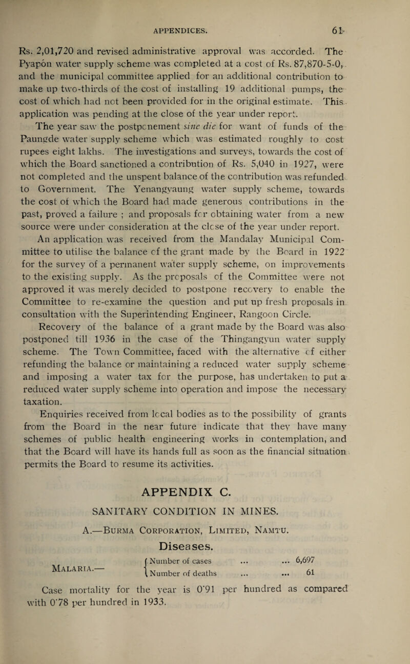 Rs. 2,01,720 and revised administrative approval was accorded. The Pyapon water supply scheme was completed at a cost of Rs. 87,870-5-0, and the municipal committee applied for an additional contribution to make up two-thirds of the cost of installing 19 additional pumps, the cost of which had not been provided for in the original estimate. This application was pending at the close of the year under report. The year saw the postponement sine die for want of funds of the Paungde water supply scheme which was estimated roughly to cost rupees eight lakhs. The investigations and surveys, towards the cost of which the Board sanctioned a contribution of Rs. 5,040 in 1927, were not completed and the unspent balance of the contribution was refunded to Government. The Yenangyaung water supply scheme, towards the cost of which the Board had made generous contributions in the past, proved a failure ; and proposals for obtaining water from a new source were under consideration at the clcse of the year under report. An application was received from the Mandalay Municipal Com¬ mittee to utilise the balance cf the grant made by the Board in 1922 for the survey of a permanent water supply scheme, on improvements to the existing supply. As the proposals of the Committee were not approved it was merely decided to postpone recovery to enable the Committee to re-examine the question and put up fresh proposals in consultation with the Superintending Engineer, Rangoon Circle. Recovery of the balance of a grant made by the Board was also postponed till 1936 in the case of the Thingangvun water supply scheme. The Town Committee, faced with the alternative cf either refunding the balance or maintaining a reduced water supply scheme and imposing a water tax for the purpose, has undertaken to put a reduced water supply scheme into operation and impose the necessary taxation. Enquiries received from local bodies as to the possibility of grants from the Board in the near future indicate that they have many schemes of public health engineering works in contemplation, and that the Board will have its hands full as soon as the financial situation permits the Board to resume its activities. APPENDIX C. SANITARY CONDITION IN MINES. A.—Burma Corporation, Limited, Namtu. Diseases. ( Number of cases ... ... 6,697 Malaria.— iXT , , , ,, t Number of deaths ... ••• 61 Case mortality for the year is 0'91 with 0'78 per hundred in 1933. per hundred as compared