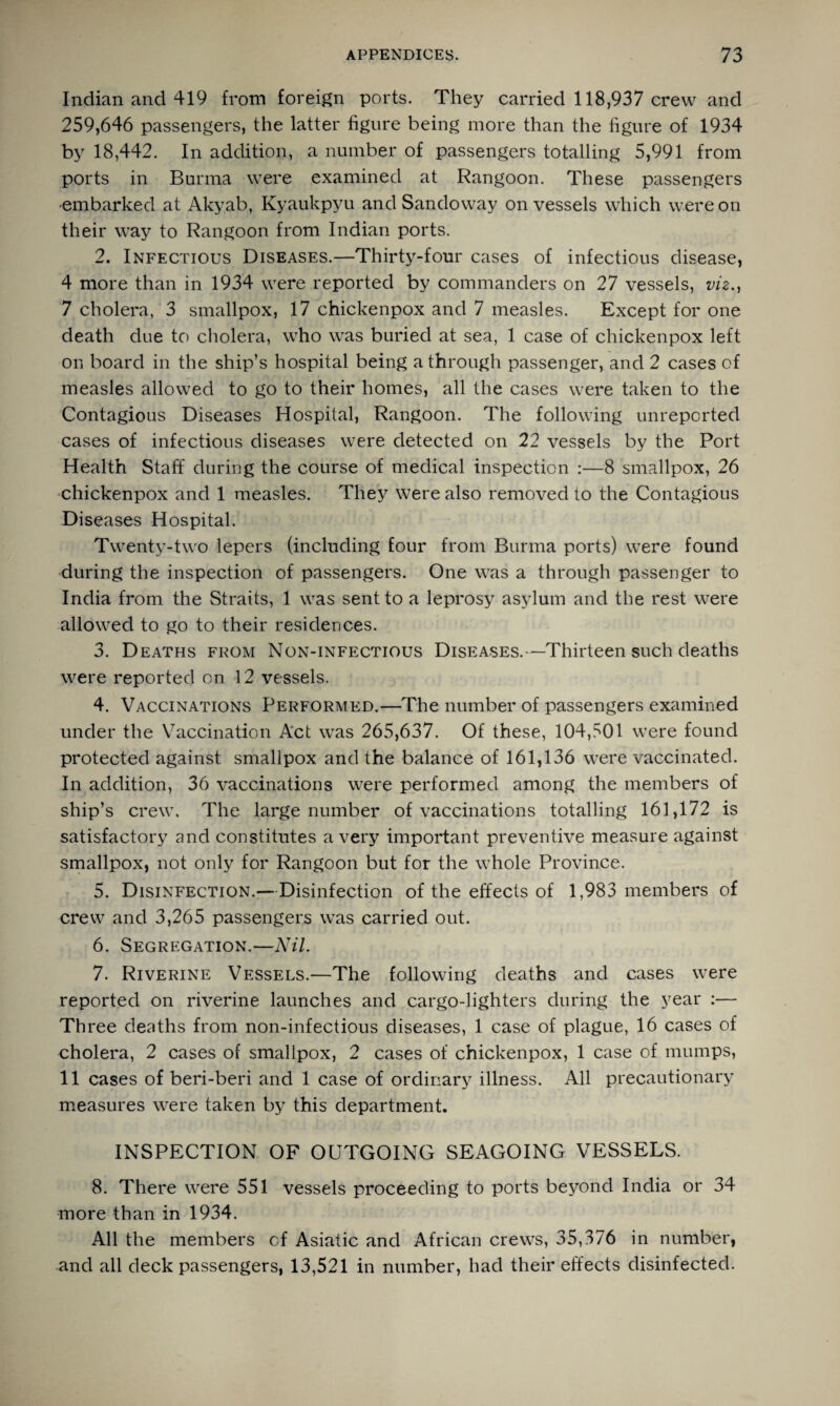 Indian and 419 from foreign ports. They carried 118,937 crew and 259,646 passengers, the latter figure being more than the figure of 1934 by 18,442. In addition, a number of passengers totalling 5,991 from ports in Burma were examined at Rangoon. These passengers ■embarked at Akyab, Kyaukpyu andSandoway on vessels which were on their way to Rangoon from Indian ports. 2. Infectious Diseases.—Thirty-four cases of infectious disease, 4 more than in 1934 were reported by commanders on 27 vessels, viz., 7 cholera, 3 smallpox, 17 chickenpox and 7 measles. Except for one death due to cholera, who was buried at sea, 1 case of chickenpox left on board in the ship’s hospital being a through passenger, and 2 cases of measles allowed to go to their homes, all the cases were taken to the Contagious Diseases Hospital, Rangoon. The following unreported cases of infectious diseases were detected on 22 vessels by the Port Health Staff during the course of medical inspection :—8 smallpox, 26 chickenpox and 1 measles. They were also removed to the Contagious Diseases Hospital. Twenty-two lepers (including four from Burma ports) were found during the inspection of passengers. One was a through passenger to India from the Straits, 1 was sent to a leprosy asylum and the rest were allowed to go to their residences. 3. Deaths from Non-infectious Diseases.—Thirteen such deaths were reported on 12 vessels. 4. Vaccinations Performed.—The number of passengers examined under the Vaccination Act was 265,637. Of these, 104,501 were found protected against smallpox and the balance of 161,136 were vaccinated. In addition, 36 vaccinations were performed among the members of ship’s crew. The large number of vaccinations totalling 161,172 is satisfactory and constitutes a very important preventive measure against smallpox, not only for Rangoon but for the whole Province. 5. Disinfection.—Disinfection of the effects of 1,983 members of crew and 3,265 passengers was carried out. 6. Segregation.—Nil. 7. Riverine Vessels.—The following deaths and cases were reported on riverine launches and cargo-lighters during the year :— Three deaths from non-infectious diseases, 1 case of plague, 16 cases of cholera, 2 cases of smallpox, 2 cases of chickenpox, 1 case of mumps, 11 cases of beri-beri and 1 case of ordinary illness. All precautionary measures were taken by this department. INSPECTION OF OUTGOING SEAGOING VESSELS. 8. There were 551 vessels proceeding to ports beyond India or 34 more than in 1934. All the members cf Asiatic and African crews, 35,376 in number, and all deck passengers, 13,521 in number, had their effects disinfected.