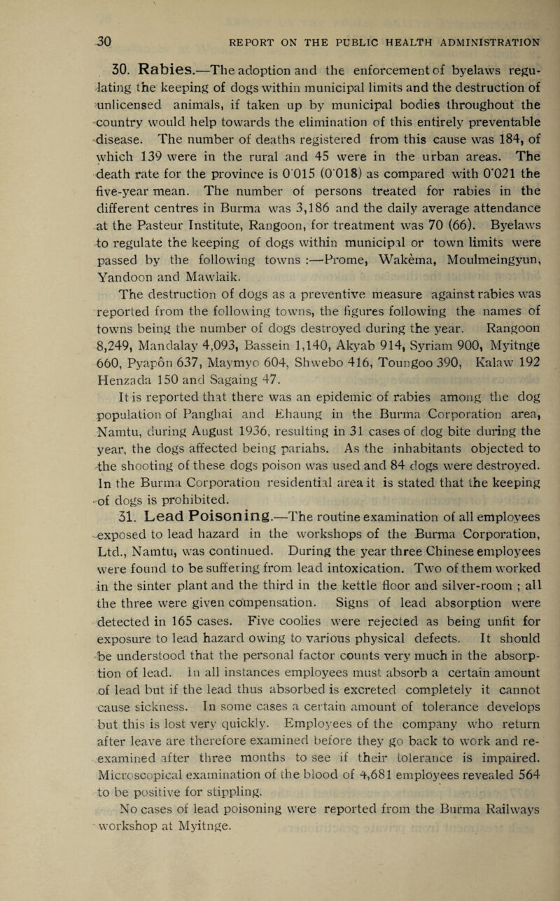 30. Rabies .—The adoption and the enforcement of byelaws regu¬ lating the keeping of dogs within municipal limits and the destruction of unlicensed animals, if taken up by municipal bodies throughout the country would help towards the elimination of this entirely preventable disease. The number of deaths registered from this cause was 184, of which 139 were in the rural and 45 were in the urban areas. The * death rate for the province is 0 015 (0 018) as compared with 0'021 the five-year mean. The number of persons treated for rabies in the different centres in Burma was 3,186 and the daily average attendance at the Pasteur Institute, Rangoon, for treatment was 70 (66). Byelaws to regulate the keeping of dogs within municipal or town limits were passed by the following towns :—Prome, Wakema, Moulmeingyun, Yandoon and Mawlaik. The destruction of dogs as a preventive measure against rabies was reported from the following towns, the figures following the names of towns being the number of dogs destroyed during the year. Rangoon 8,249, Mandalay 4,093, Bassein 1,140, Akyab 914, Syriam 900, Mjdtnge 660, Pyapon 637, Maymyo 604, Shwebo 416, Toungoo 390, Kalaw 192 Henzada 150 and Sagaing 47. It is reported that there was an epidemic of rabies among the dog population of Panghai and Ehaung in the Burma Corporation area, Namtu, during August 1936, resulting in 31 cases of dog bite during the year, the dogs affected being pariahs. As the inhabitants objected to the shooting of these dogs poison was used and 84 dogs were destroyed. In the Burma Corporation residential area it is stated that the keeping of dogs is prohibited. 31. Lead Poisoning.—The routine examination of all employees -exposed to lead hazard in the workshops of the Burma Corporation, Ltd., Namtu, was continued. During the year three Chinese employees were found to be suffering from lead intoxication. Two of them worked in the sinter plant and the third in the kettle floor and silver-room ; all the three were given compensation. Signs of lead absorption were detected in 165 cases. Five coolies were rejected as being unfit for exposure to lead hazard owing to various physical defects. It should be understood that the personal factor counts very much in the absorp¬ tion of lead. In all instances employees must absorb a certain amount of lead but if the lead thus absorbed is excreted completely it cannot cause sickness. In some cases a certain amount of tolerance develops but this is lost very quickly. Employees of the company who return after leave are therefore examined before they go back to work and re¬ examined after three months to see if their tolerance is impaired. Microscopical examination of die blood of 4,681 employees revealed 564 to be positive for stippling. No cases of lead poisoning were reported from the Burma Railways workshop at Myitnge.