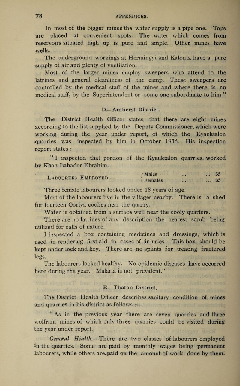 In most of the bigger mines the water supply is a pipe one. Taps are placed at convenient spots. The water which comes from reservoirs situated high up is pure and ample. Other mines have wells. The underground workings at Hermingyi and Kalonta have a pure supply of air and plenty of ventilation. Most of the larger mines employ sweepers who attend to the latrines and general cleanliness of the camp. These sweepers are controlled by the medical staff of the mines and where there is no medical staff, by the Superintendent or some one subordinate to him ” D.—Amherst District. The District Health Officer states that there are eight mines according to the list supplied by the Deputy Commissioner, which were working during the year under report, of which the Kyauktalon quarries was inspected by him in October 1936. His inspection report states :— “ I inspected that portion by Khan Bahadur Ebrahim. / • Labourers Employed.— of the Kyauktalon quarries, worked Males ... ... 35 Females ... ... 35 Three female labourers looked under 18 years of age. Most of the labourers live in the villages nearby. There is a shed for fourteen Ooriya coolies near the quarry. Water is obtained from a surface well near the cooly quarters. There are no latrines of any description the nearest scrub being utilized for calls of nature. I inspected a box containing medicines and dressings, which is used in rendering first aid in cases of injuries. This box should be kept under lock and key. There are no splints for treating fractured legs. The labourers looked healthy. No epidemic diseases have occurred here during the year. Malaria is not prevalent.” E.—Thaton District. The District Health Officer describes sanitary condition of mines and quarries in his district as follows “As in the previous year there are seven quarries and three wolfram mines of which only three quarries could be visited during the year under report. General Health.—There are two classes of labourers employed in the quarries. Some are paid by monthly wages being permanent labourers, while others are.paid on the amount of work done by them.