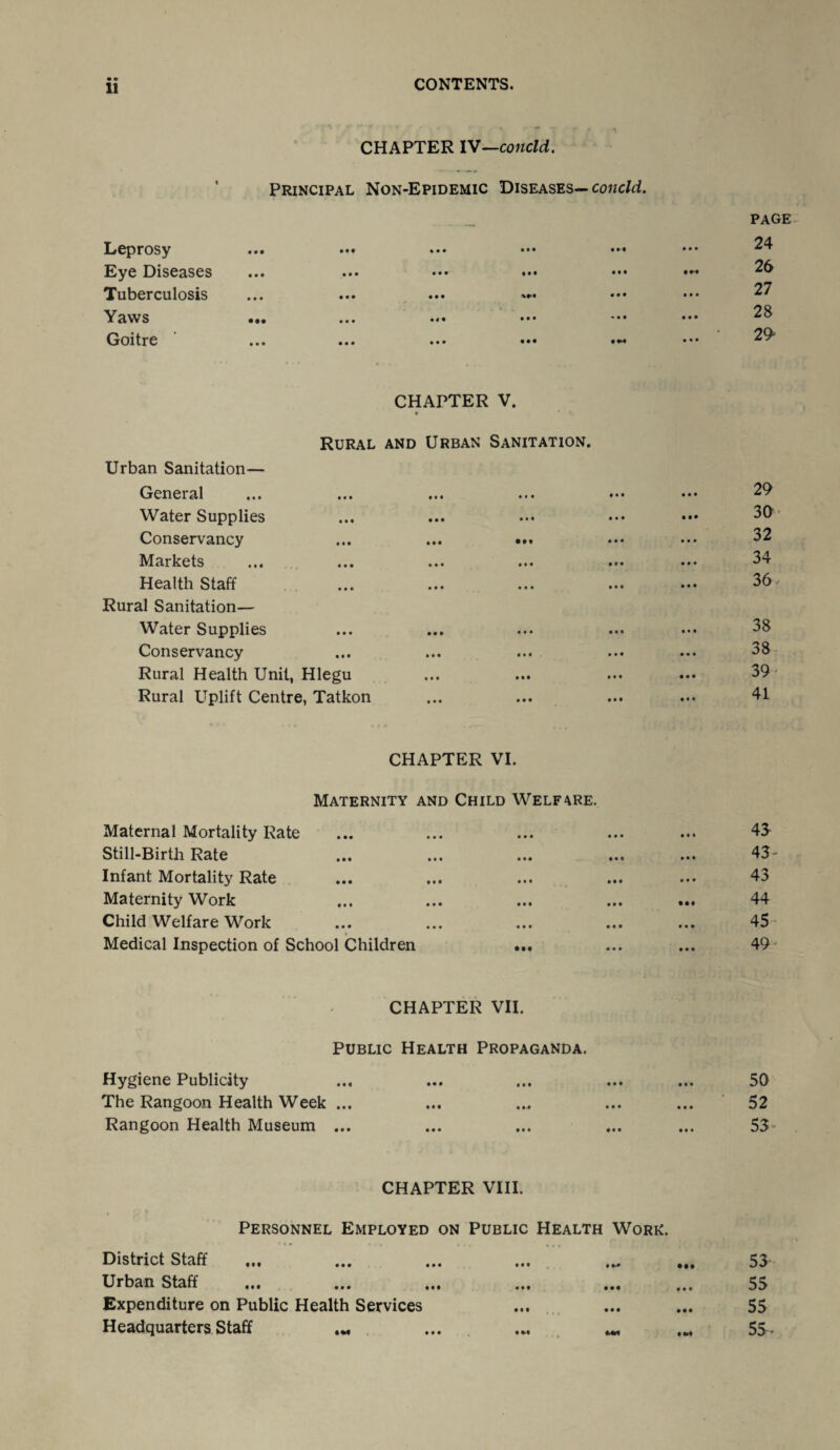 CONTENTS. • » 11 s - ~ - . 1 CHAPTER IV—concld. Principal Non-Epidemic Diseases— concld. Leprosy Eye Diseases Tuberculosis Yaws Goitre • M ••• • •• • • • • • • PAGE 24 26 27 28 29- CHAPTER V. • * \ Rural and Urban Sanitation. Urban Sanitation— General ... ... ... ... Water Supplies Conservancy ... ... Markets Health Staff Rural Sanitation— Water Supplies Conservancy Rural Health Unit, Hlegu Rural Uplift Centre, Tatkon • • • • • • • • • • • • 29 30 32 34 36 38 38 39 41 CHAPTER VI. Maternity and Child Welf4Re. Maternal Mortality Rate Still-Birth Rate Infant Mortality Rate Maternity Work Child Welfare Work Medical Inspection of School Children ... 43 43 43 44 45 49 CHAPTER VII. Public Health Propaganda. Hygiene Publicity The Rangoon Health Week ... Rangoon Health Museum ... 50 52 53 CHAPTER VIII. Personnel Employed on Public Health Work. District Staff Urban Staff Expenditure on Public Health Services Headquarters Staff • •• • • • • •• • »« 53 55 55 55- • M