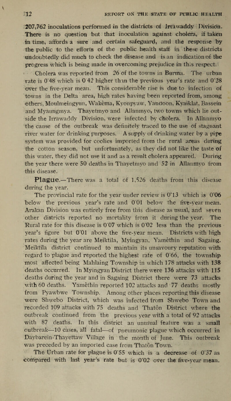 207,762 inoculations performed in the districts of Irrawaddy Division. There is no question but that inoculation against cholera, if taken in time, affords a sure and certain safeguard, and the response by the public to the efforts of the public health staff in these districts undoubtedly did much to check the disease and is an indication of the progress which is being made in overcoming prejudice in this respect. Cholera was reported from 26 of the towns in Burma. The urban rate is 0*48 which is 0 42 higher than the previous year's rate and 0*28 over the five-year mean. This considerable rise is due to infection of towns in the Delta area, high rates having been reported from, among others, Moulmeingyun, Wakema, Kyonpyaw, Yancioon, Kyaiklat, Bassein and Myaungmya. Thayetmyo and Allamnyo, two towns which lie out¬ side the Irrawaddy Division, were infected by cholera. In Allanmyo the cause of the outbreak was definitely traced to the use of stagnant river water for drinking purposes. A supply of drinking water by a pipe system was provided for coolies imported from the rural areas during the cotton season, but unfortunately, as they did not like the taste of this water, they did not use it and as a result cholera appeared. During the year there were 50 deaths in Thayetmyo and 52 in Allanmyo from this disease. Plague.—There was a total of 1,526 deaths from this disease during the year. The provincial rate for the year under review is 0T3 which is 0*06 below the previous year’s rate and 0 01 below the five-year mean. Arakan Division was entirely free from this disease as usual, and seven other districts reported no mortality from it during the year. The Rural rate for this disease is 007 which is 002 less than the previous year’s figure but 0'01 above the five-year mean. Districts with high rates during the year are Meiktila, Myingvan, Yamethin and Sagaing. Meiktila district continued to maintain its unsavoury reputation with regard to plague and reported the highest rate of 0'66, the township most affected being Mahlaing Township in which 178 attacks with 138 deaths occurred. In Myingyan District there were 136 attacks with 115 deaths during the year and in Sagaing District there were 73 attacks with 60 deaths. Yamethin reported 102 attacks and 77 deaths mostly from Pyawbwe Township. Among other places reporting this disease were Shwebo District, which was infected from Shwebo Town and recorded 109 attacks with 75 deaths and Thaton District where the outbreak continued from the previous year with a total of 92 attacks with 87 deaths. In this district an unusual feature was a small outbreak—10 cases, all fatal'—of pneumonic plague which occurred in Daybarein-Thayettaw Village in the month of June. This outbreak was preceded by an imported case from Thaton Town. The Urban rate for plague is 0*55 which is a decrease of 0*37 as a > * compared with last year’s rate but is 0*02 over the five-year mean.