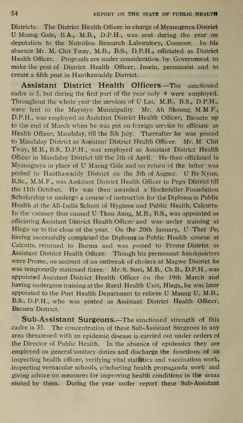Districts. The District Health Officer in charge of Myaungmya District U Mating Gale, B.A., M.B., D.P.H., was sent during the year on deputation to the Nutrition Research Laboratory, Coonoor. In his absence Mr. M. Chit Tway, M.B., B.S., D.P.H., officiated as District Health Officer. Proposals are under consideration by Government to make the post of District Health Officer, Insein, permanent and to create a fifth post in Hanthawaddy District. Assistant District Health Officers—The sanctioned cadre is 5, but during the first part of the year only 4 were employed. Throughout the whole year the services of U Lat, M.B., B.S., D.P.H., were lent to the Maymyo Municipality. Mr. Ah Shoung, M.M.F., D.P.H., was employed as Assistant District Health Officer, Bassein up to the end of March when he was put on foreign service to officiate as Health Officer, Mandalay, till the 5th July. Thereafter he was posted to Mandalay District as Assistant District Health Officer. Mr. M. Chit Tway, M.B., B.S., D.P.H., was employed as Assistant District Health Officer in Mandalay District till the 5th of April. He then officiated in Myaungmya in place of U Maung Gale and on return of the latter was posted to Hanthawaddy District on the 5th of August. U Ba Nyun, B.Sc., M.M.F., was Assistant District Health Officer in Pegu District till the 11th October. He was then awarded a Rockefeller Foundation Scholarship to undergo a course of instruction for the Diploma in Public Health at the All-India School of Hygiene and Public Health, Calcutta- In the vacancy thus caused U Than Aung, M.B., B.S., was appointed as officiating Assistant District Health Officer and was- under training at Hlegu up to the close of the year. On the 20th January, U Thet Pe, having successfully completed the Diploma in Public Health course at Calcutta, returned to Burma and was posted to Prome District as Assistant District Health Officer. Though his permanent headquarters were Prome, on account of an outbreak of cholera at Magwe District he was temporarily stationed there. Mr. S. Suvi, M.B., Ch.B., D.P.H., was appointed Assistant District Health Officer on the 19th March and having undergone training at the Rural Health Unit, Hlegu, he wtis later appointed to the Port Health Department to relieve U Maung U, M.B., B.S., D.P.H., who was posted as Assistant District Health Officer, Bassein District. Sub-Assistant Surgeons.—The sanctioned strength of this cadre is 35. The concentration of these Sub-Assistant Surgeons in any area threatened with an epidemic disease is carried out under orders of the Director of Public Health. In the absence of epidemics they are employed on general sanitary duties and discharge the functions of an inspecting health officer, verifying vital statistics and vaccination work, inspecting vernacular schools, conducting health propaganda work and giving advice on measures for improving health conditions in the areas wisited by them. During the year under report these Sub-Assistant