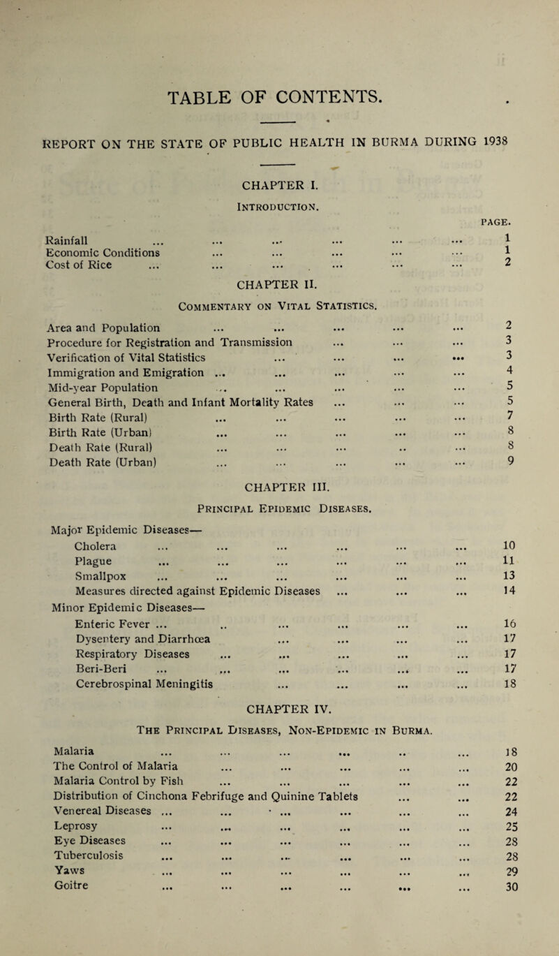 TABLE OF CONTENTS REPORT ON THE STATE OF PUBLIC HEALTH IN BURMA DURING CHAPTER I. Introduction. Rainfall ... ••• ••• Economic Conditions Cost of Rice CHAPTER II. Commentary on Vital Statistics. Area and Population Procedure for Registration and Transmission Verification of Vital Statistics Immigration and Emigration ... Mid-year Population General Birth, Death and Inlant Mortality Rates Birth Rate (Rural) Birth Rate (Urban) Death Rate (Rural) Death Rate (Urban) CHAPTER III. Principal Epidemic Diseases. Major Epidemic Diseases— Cholera Plague Smallpox Measures directed against Epidemic Diseases Minor Epidemic Diseases— Enteric Fever ... Dysentery and Diarrhoea Respiratory Diseases Beri-Beri ... ... ... ... ... Cerebrospinal Meningitis CHAPTER IV. The Principal Diseases, Non-Epidemic in Burma. Malaria The Control of Malaria Malaria Control by Fish Distribution of Cinchona Febrifuge and Quinine Tablets Venereal Diseases ... ... • ... Leprosy Eye Diseases Tuberculosis Yaws Goitre »•» • • • • • • • • • • • • • • • • • « • • • 1938 PAGE. 1 1 2 2 3 3 4 5 5 7 8 8 9 10 11 13 14 16 17 17 17 18 18 20 22 22 24 25 28 28 29 30