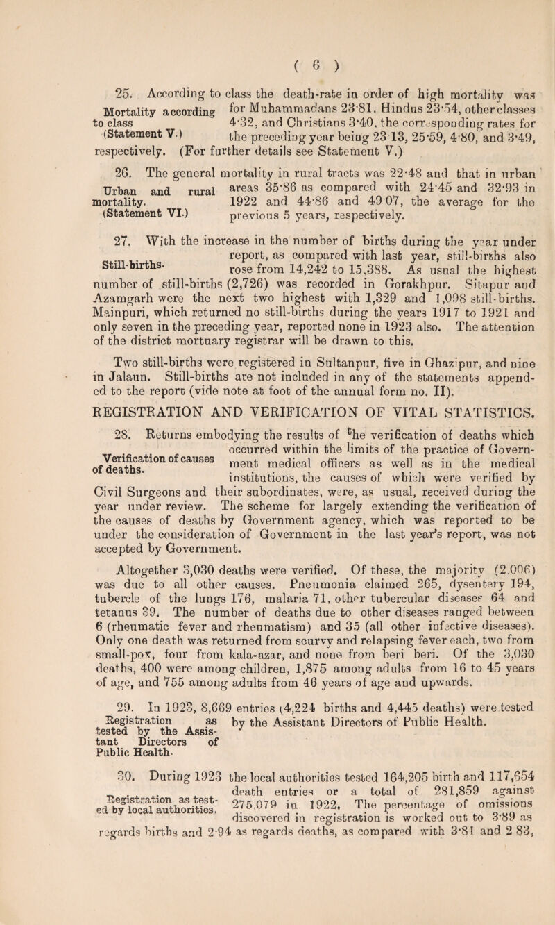 25. According to class the death-rate in order of high mortality was Mortality according f°r Muhammadans 23 81, Hindus 23*54, other classes to class 4*32, and Christians 3*40, the corresponding rates for (Statement V.) the preceding year being 23 13, 25*59, 4*80, and 3*49, respectively. (For further details see Statement V.) 26. The general mortality in rural tracts was 22*48 and that in urban Urban and rural areas 35*86 as compared with 24*45 and 32*93 in mortality. 1922 and 44*86 and 49 07, the average for the (Statement VI.) previous 5 years, respectively. 27. With the increase in the number of births during the y^ar under report, as compared with last year, still-births also Still-births- rose from 14?242 to 15,388. As usual the highest number of still-births (2,726) was recorded in Gorakhpur. Sitapur and Azamgarh were the next two highest with 1,329 and 1,098 still-births. Mainpuri, which returned no still-births during the years 1917 to 1921 and only seven in the preceding year, reported none in 1923 also. The attention of the district mortuary registrar will be drawn bo this. Two still-births were registered in Sultanpur, live in Ghazipur, and nine in Jalaun. Still-births are not included in any of the statements append¬ ed to the report (vide note at foot of the annual form no. II). REGISTRATION AND VERIFICATION OF VITAL STATISTICS. 28. Returns embodying the results of ^he verification of deaths which occurred within the limits of the practice of Govern- causes meat medical officers as well as in the medical institutions, the causes oi which were verifaed by Civil Surgeons and their subordinates, were, as usual, received during the year under review. The scheme for largely extending the verification of the causes of deaths by Government agency, which was reported to be under the consideration of Government in the last year’s report, was not accepted by Government. Altogether 3,030 deaths were verified. Of these, the majority (2.006) was due to all other causes. Pneumonia claimed 265, dysentery 194, tubercle of the lungs 176, malaria 71, other tubercular diseases 64 and tetanus 39. The number of deaths due to other diseases ranged between 6 (rheumatic fever and rheumatism) and 35 (all other infective diseases). Only one death was returned from scurvy and relapsing fever each, two from small-pox, four from kala-azar, and none from beri beri. Of the 3,030 deaths, 400 were among children, 1,875 among adults from 16 to 45 years of age, and 755 among adults from 46 years of age and upwards. 29. In 1923, 8,669 entries ^4,224 births and 4,445 deaths) were tested Registration as by the Assistant Directors of Public Health, tested by the Assis¬ tant Directors of Public Health- 30. During 1923 the local authorities tested 164,205 birth and 117,654 death entries or a total of 281,859 against 275,079 in 1922, The percentage of omissions discovered in registration is worked out to 3*89 as regards births and 2*94 as regards deaths, as compared with 3*81 and 2 83, Registration as test¬ ed by local authorities,